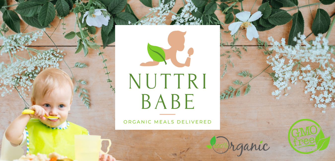 Plants and flowers laid out on wooden background with Nuttri Babe app logo displayed and baby eating. Organic. GMO Free