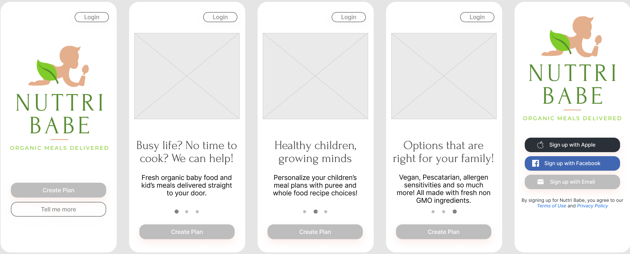 Onboarding screens of greyscale wireframes for Nuttri Babe app.