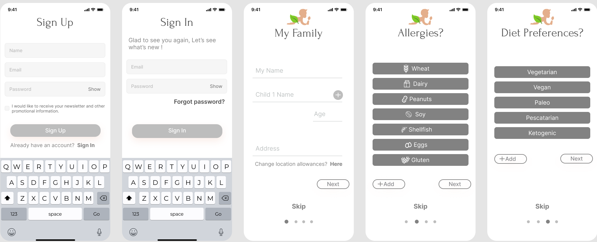 Greyscale wireframe screens for Nuttri Babe app.