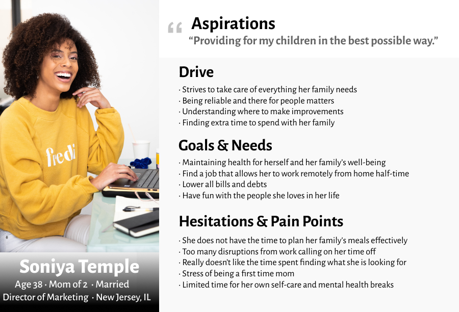 Main User persona for Soniya with picture of young multiracial woman with curly hair on laptop and smiling.