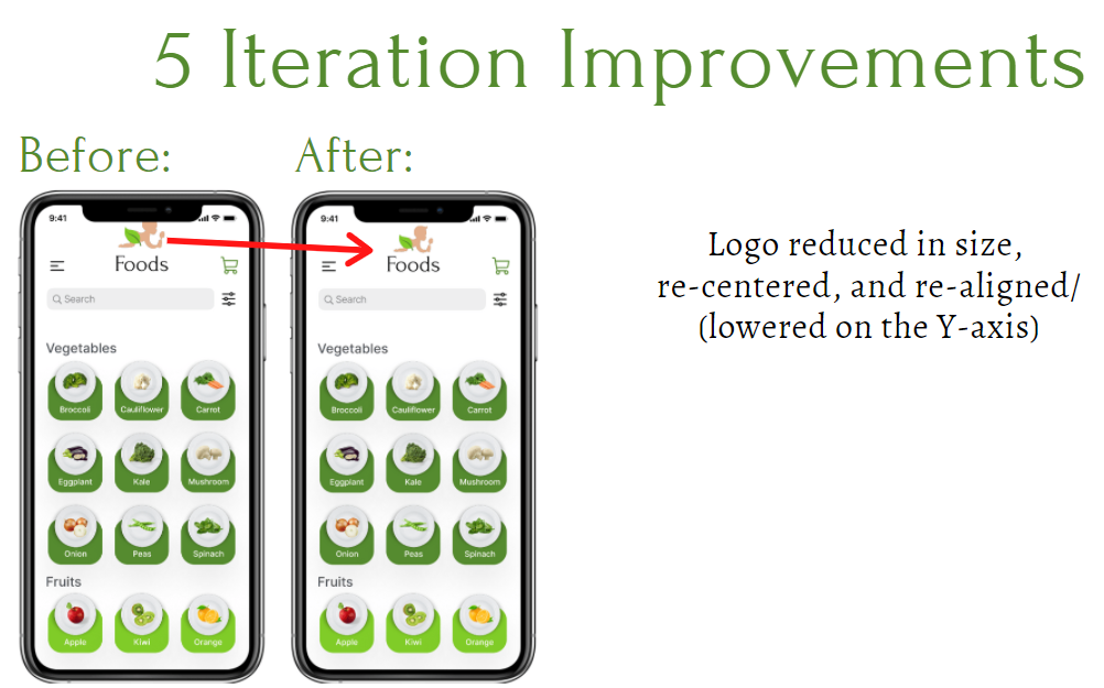 Before and after photo of iteration improvement, reducing logo size and positioning.