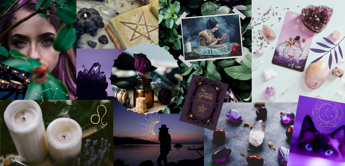 Ritualist app's mood board containing purple and black color scheme collage photos of plants and candles and tarot cards and crystals.