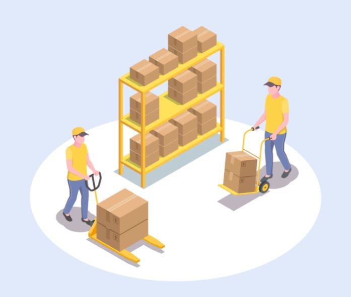 Men moving boxes in front of a shelf