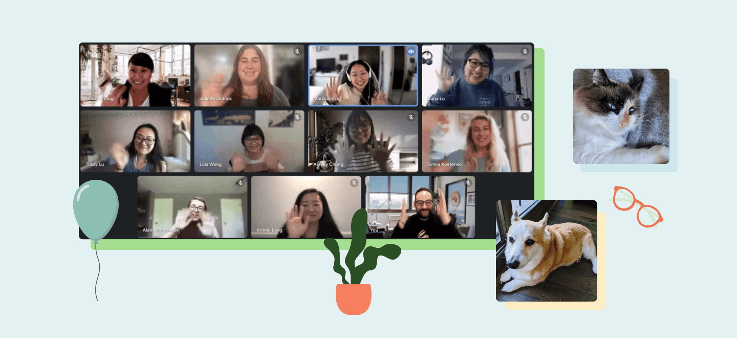 An animated gif of the TaskRabbit design team waving, pictures of a cat and a corgi