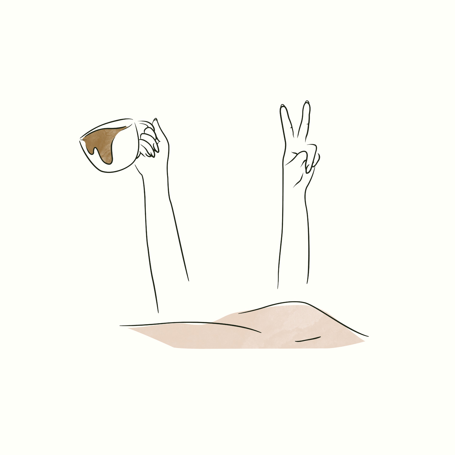 Illustratie Licht Leven Met Impact van een vrouw die in bed licht. Haar twee armen steken boven het bed uit. In de ene hand heeft ze een kof koffie vast en met haar andere hand maakt ze een peace teken.