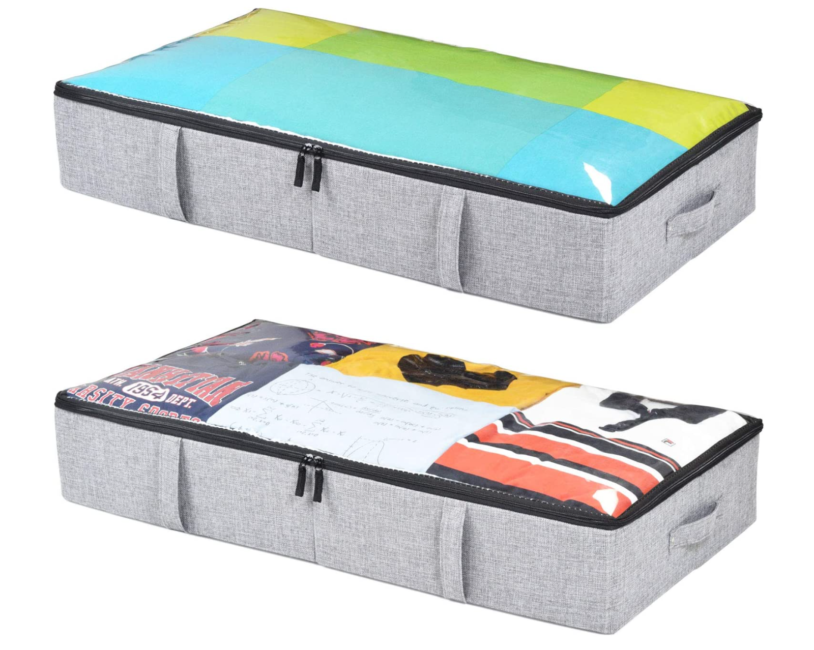 Two grey storageLAB Underbed Storage Containers with a duvet in one and clothes in the other