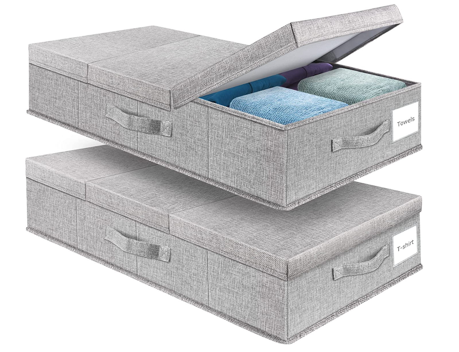 Two grey Supowin Underbed Storage Containers Bin with one that has the lid partially open exposing some towels