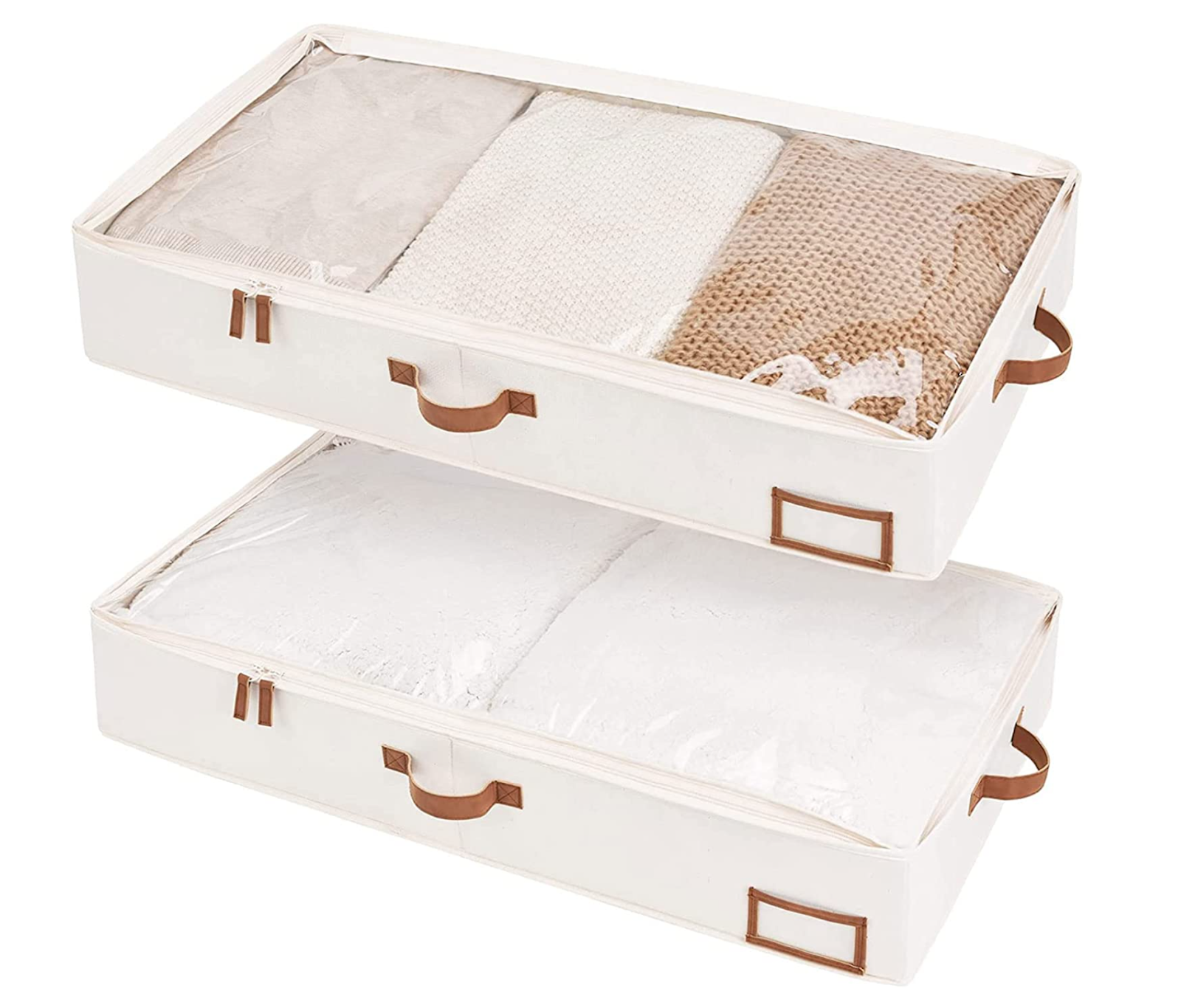 Two off-white StorageWorks Underbed Storage Boxes with brown handles