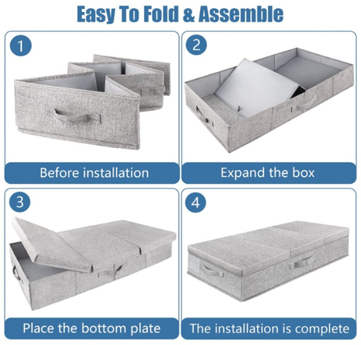A grey Supowin Underbed Storage Containers Bin showing how it easily fold and assembles