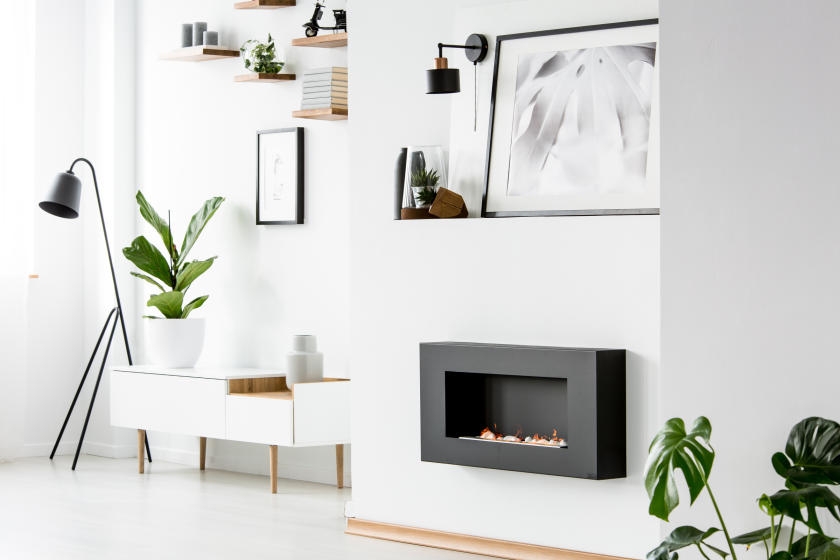 Bright white living room with black accents