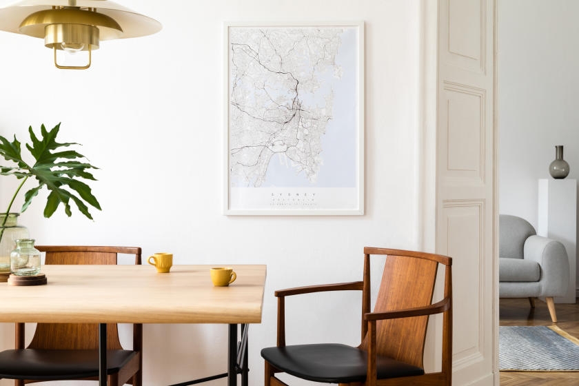 Neutral dining room with natural wood decor