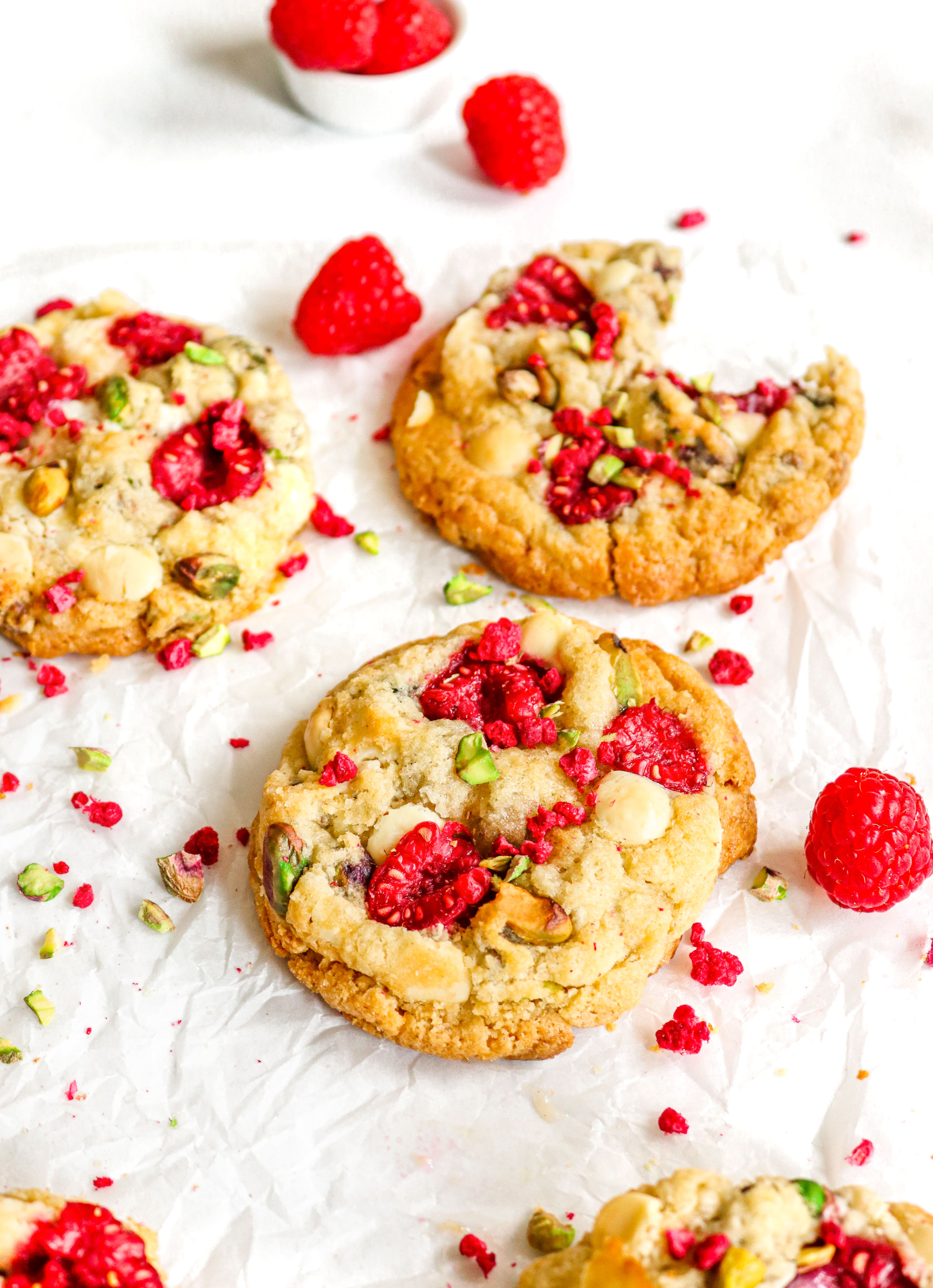 White chocolate, pistachio and raspberry cookies