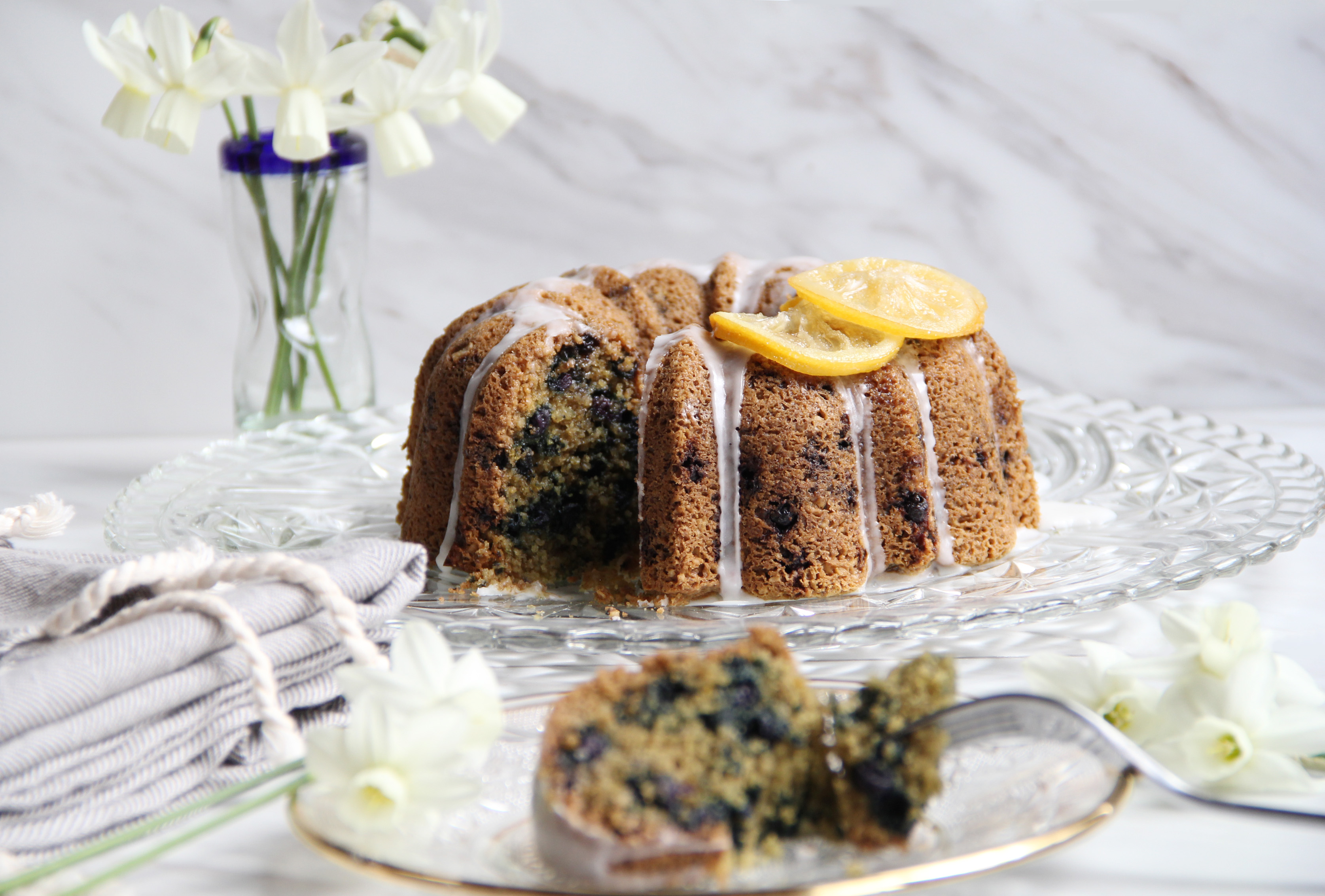 Blueberry Lemon Tahini Oat Flour Bundt Cake