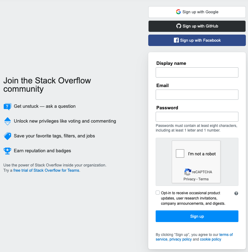 Stack Overflow Registration Page