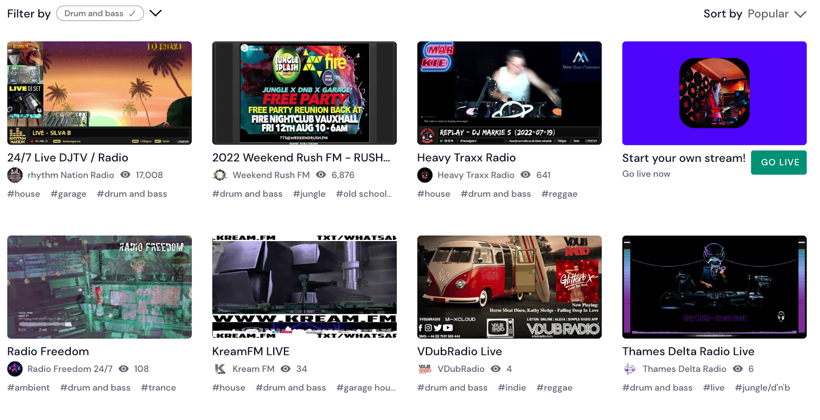 Mixcloud live streams view according to tagged genres