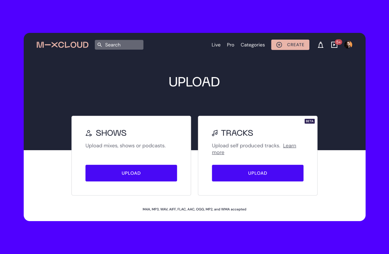 The Mixcloud upload portal, with Tracks on the right