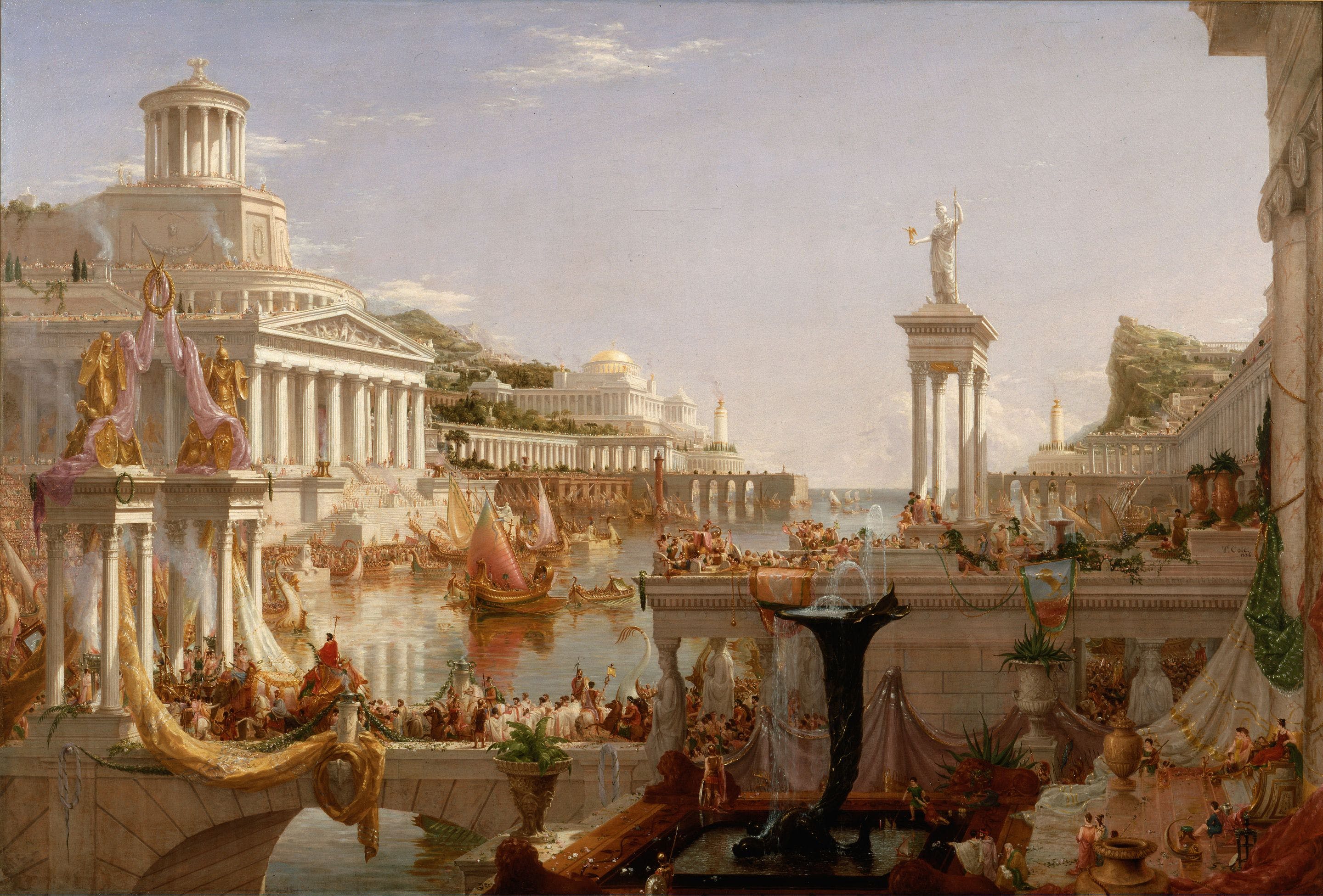 Thomas Cole's painting titled The Consummation of Empire, highlighting human creation.