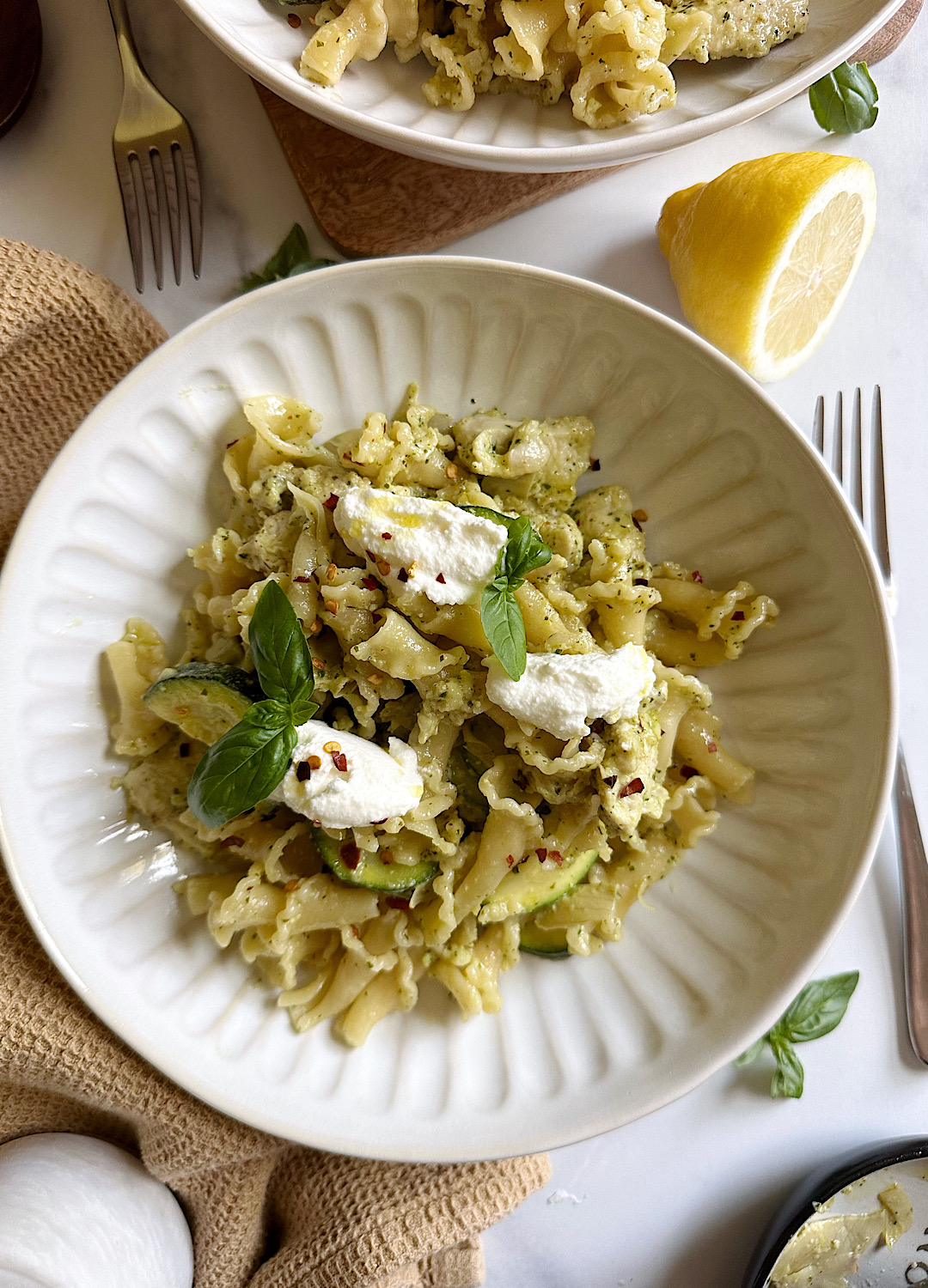 Zucchini Artichoke Chicken Pasta with Pesto and Ricotta