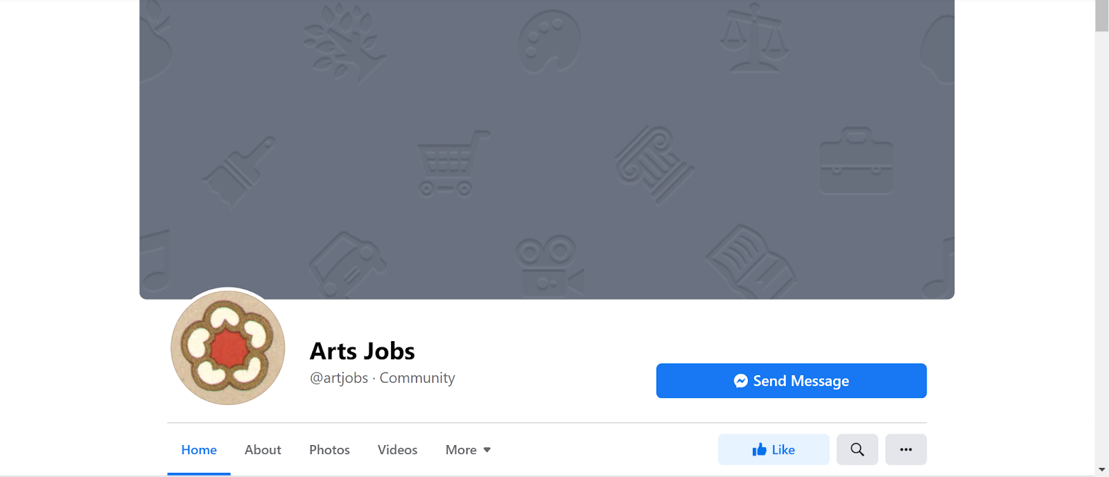 Screenshot of Arts Jobs Facebook page with grey embossed icons of art related symbols