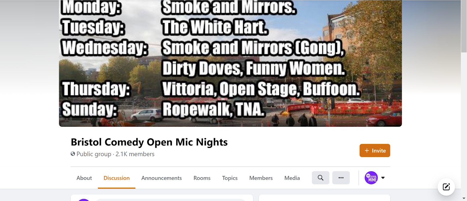 Screenshot of Bristol Open Mic Night Facebook Page with flyer image listing host venues for each day of the week