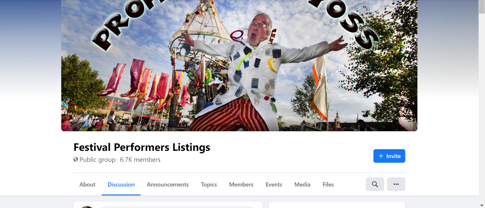 Screenshot of Festival Performers Listings Facebook Page with image of a clown at a festival reaching toward the skyg