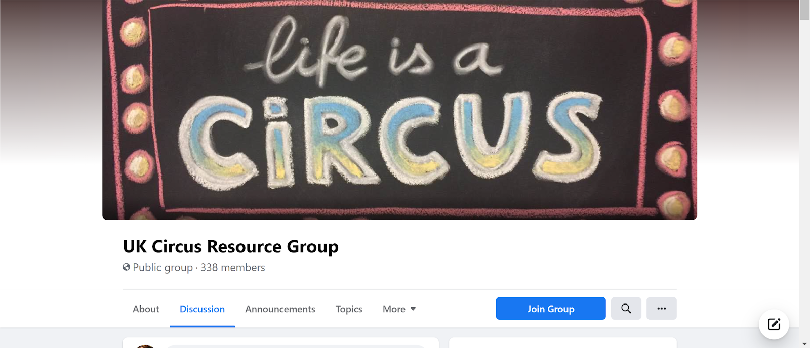 Screenshot of UK Circus Resources Group Facebook page with image of a chalkboard with 'life is a circus' quote written on it with a border and light bulbs