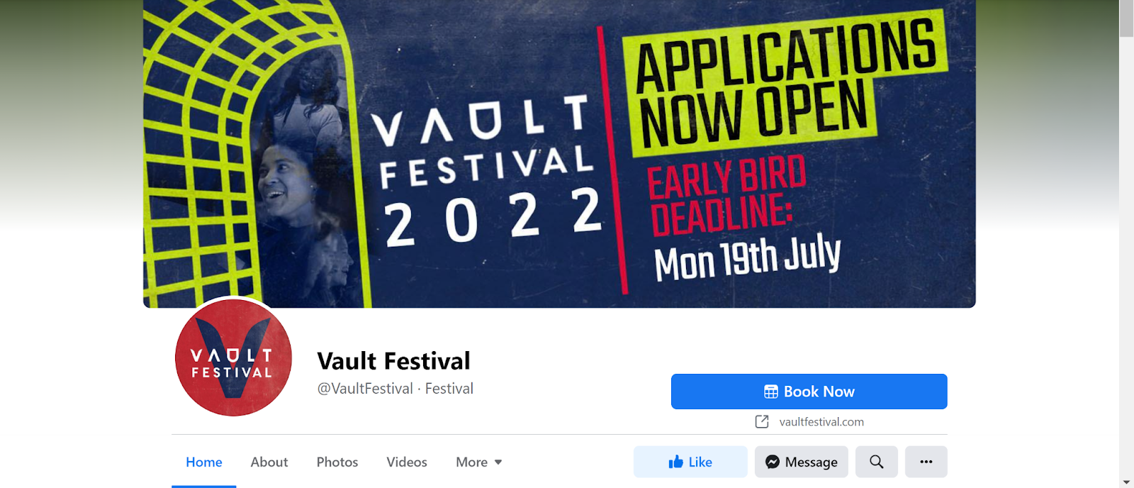 Screenshot of The Vault Festival Facebook page with image of their poster for new applications for 2021