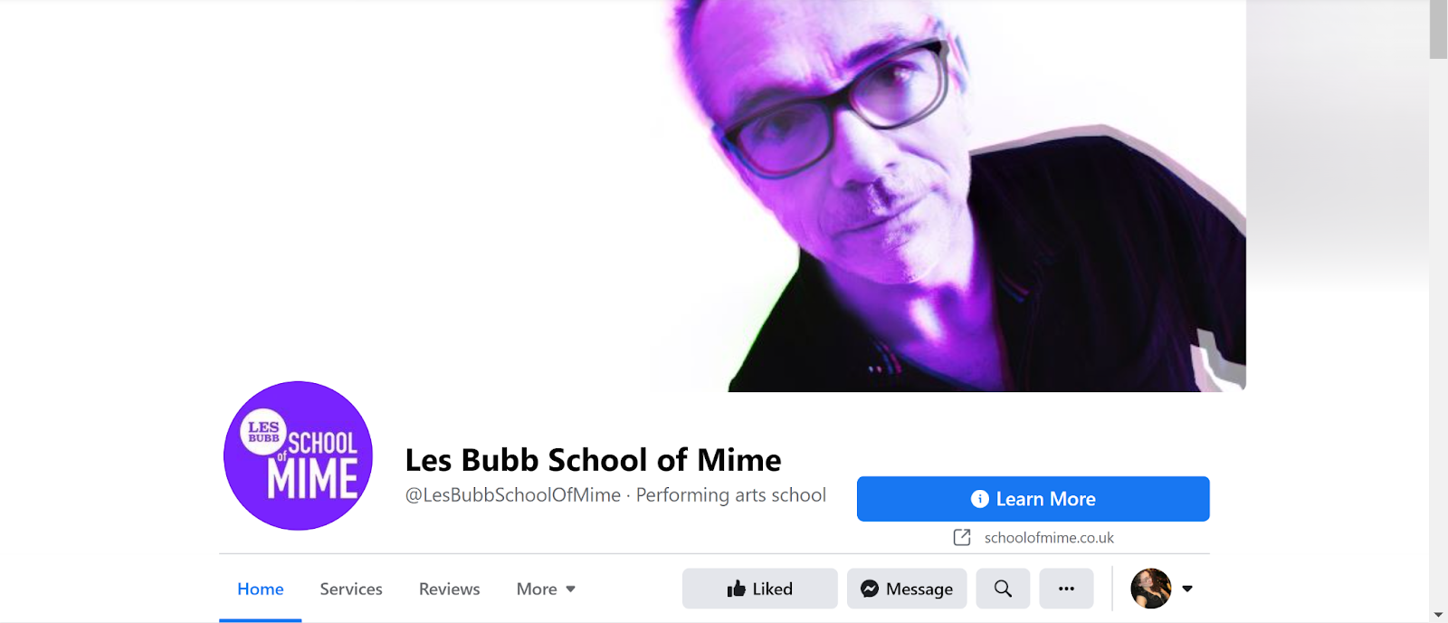Screenshot of Les Bubb School of Mime Facebook page with an image of Les Bubb
