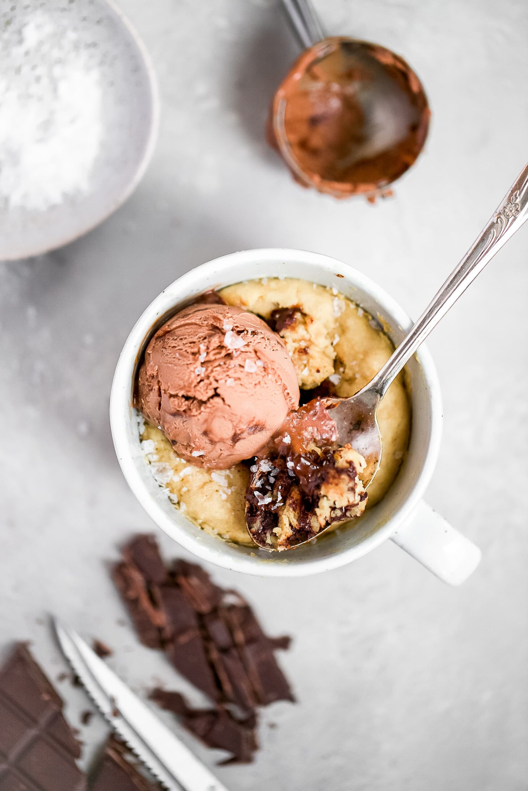 vegan mug cake with tahini and chocolate ice cream
