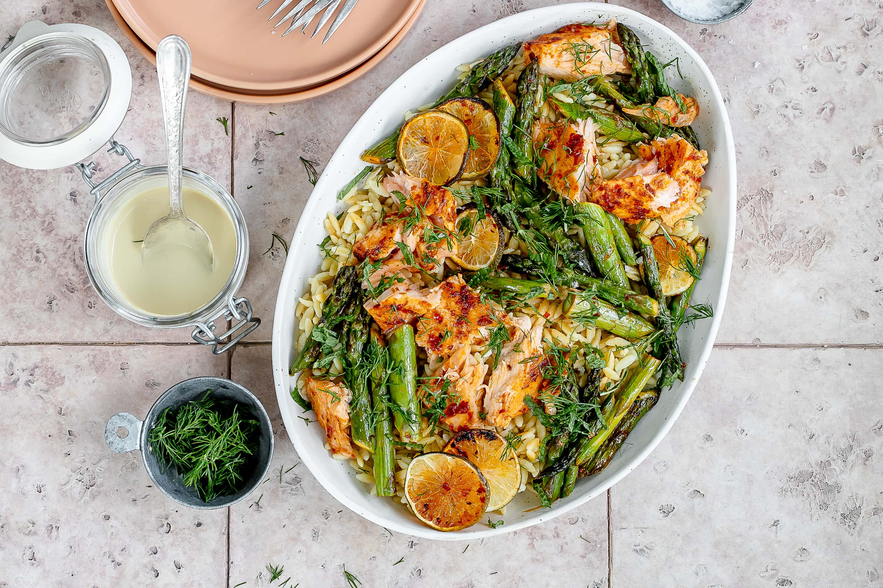 Harissa Salmon and Orzo with Tahini