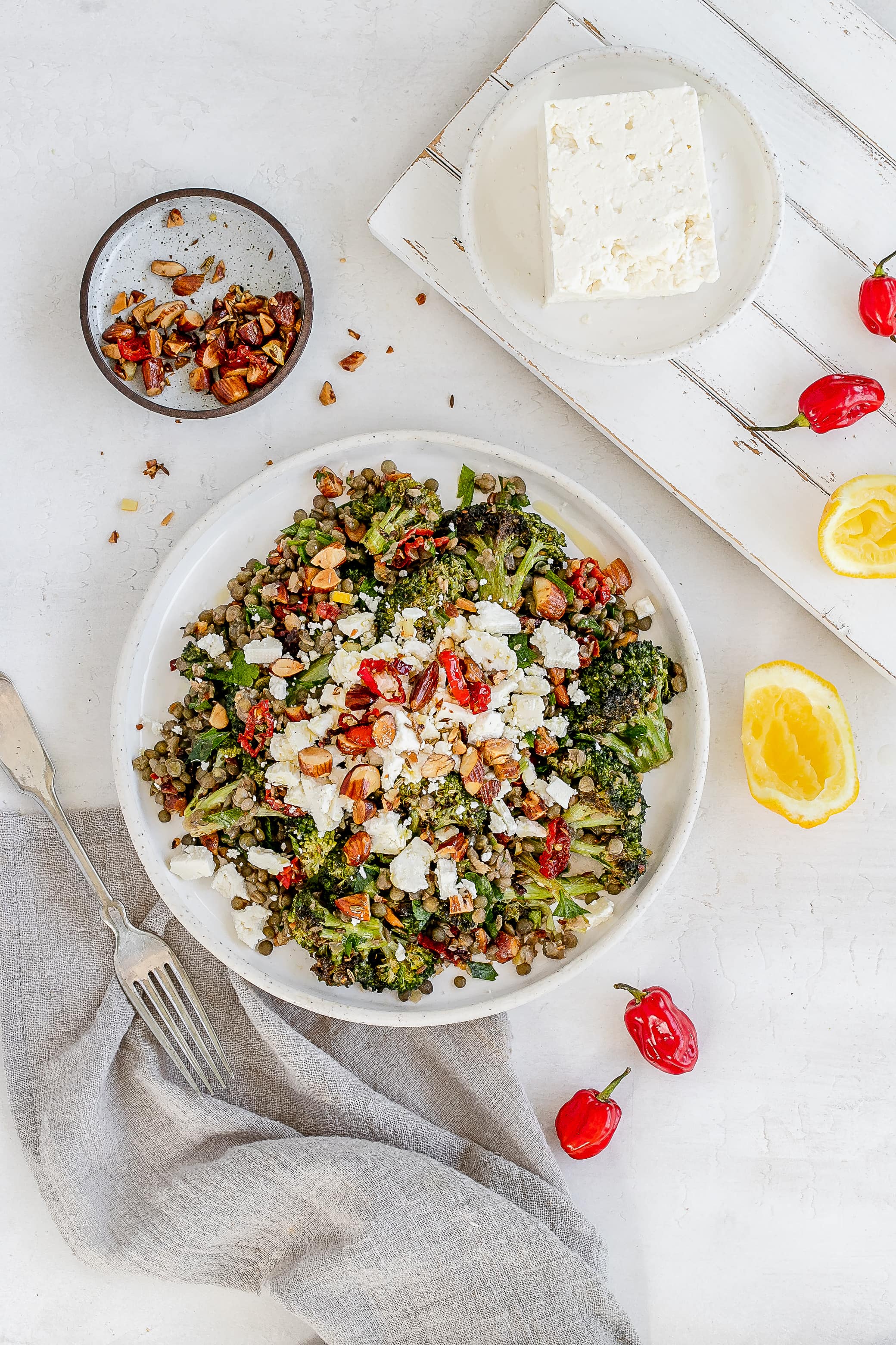broccoli and feta salad on a plate.