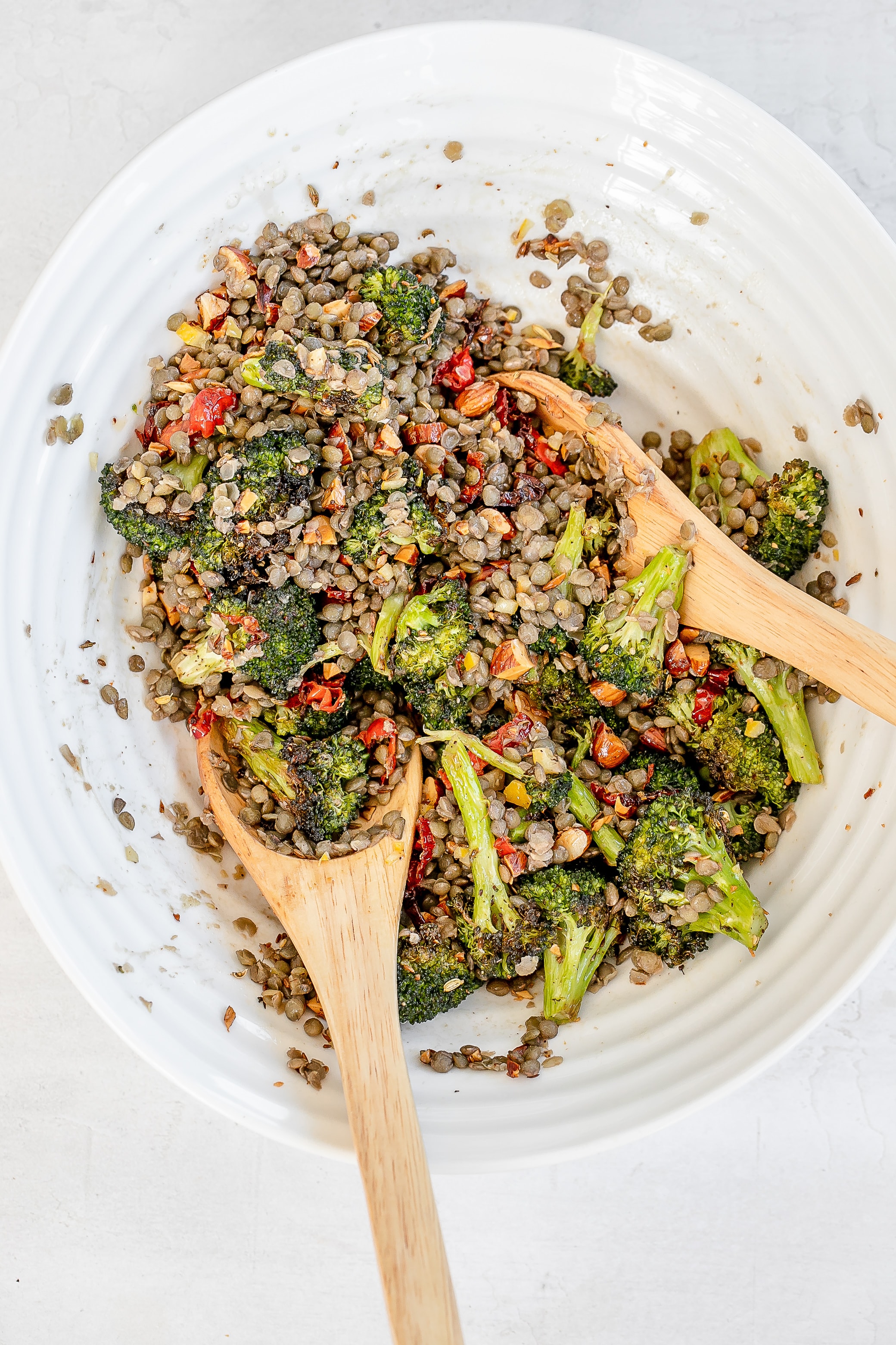 broccoli and feta salad in a large salad bowl.