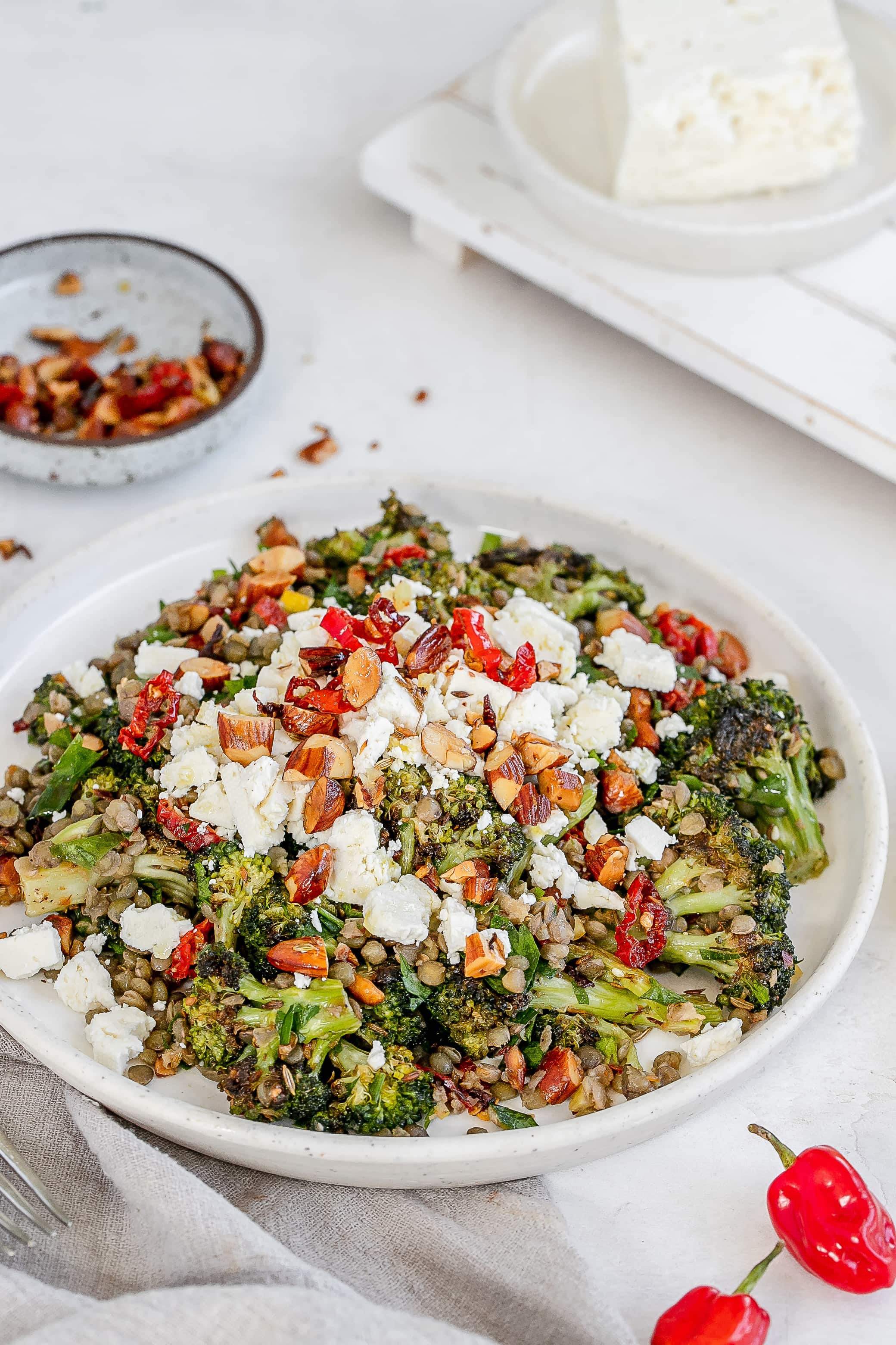 broccoli and feta salad on a plate.
