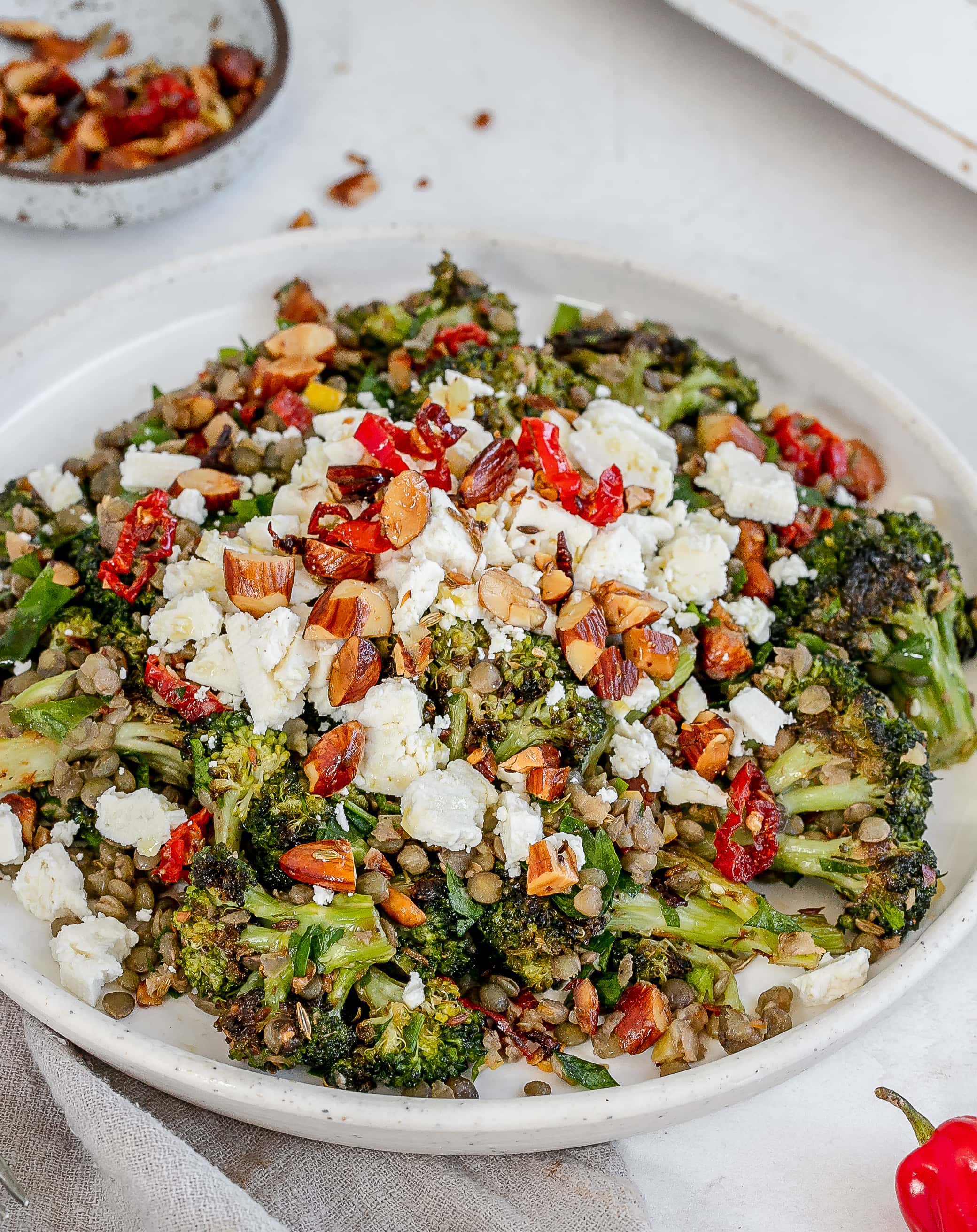 broccoli and feta salad on a plate.
