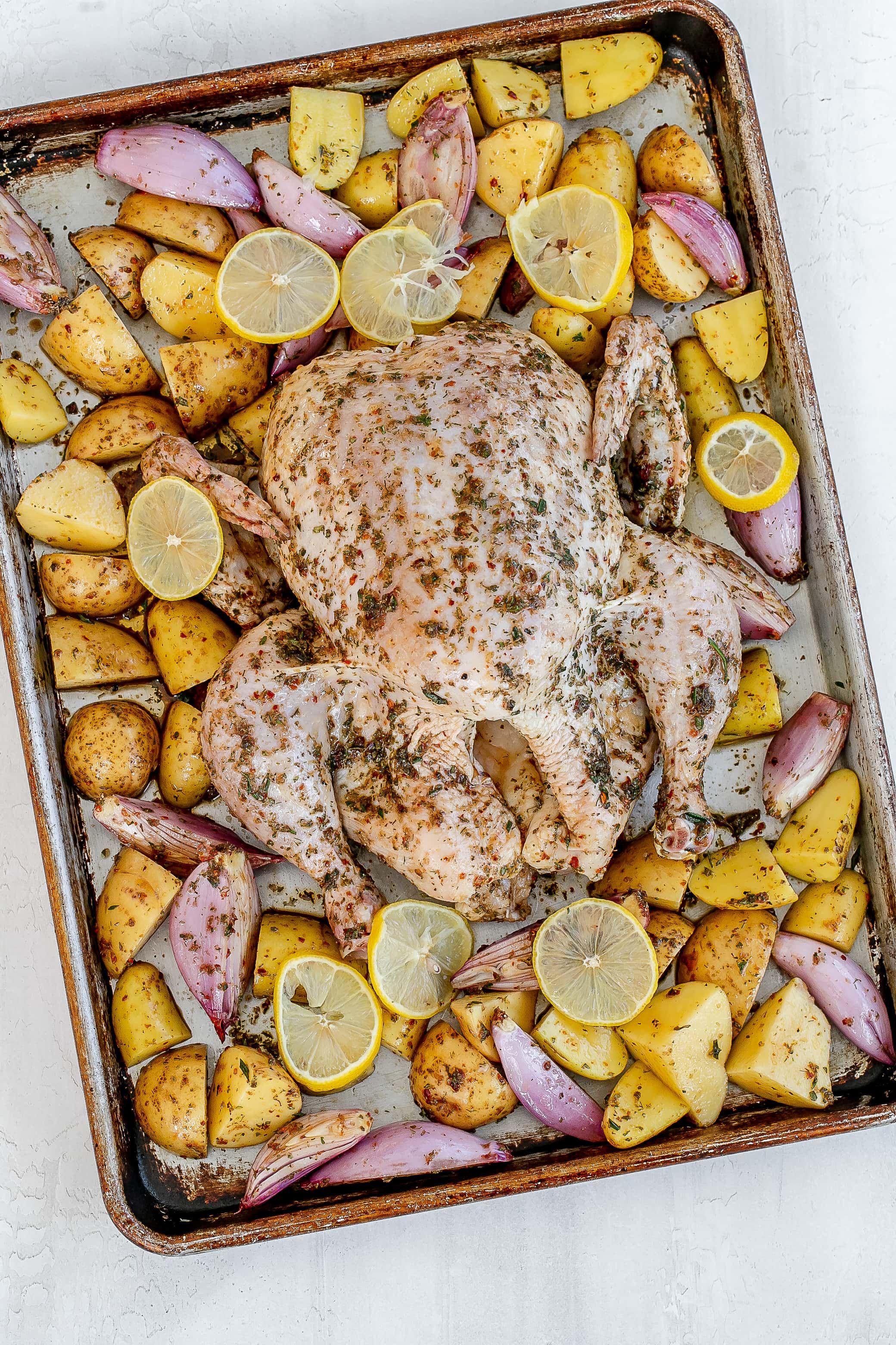 chicken and veggies on sheet pan.