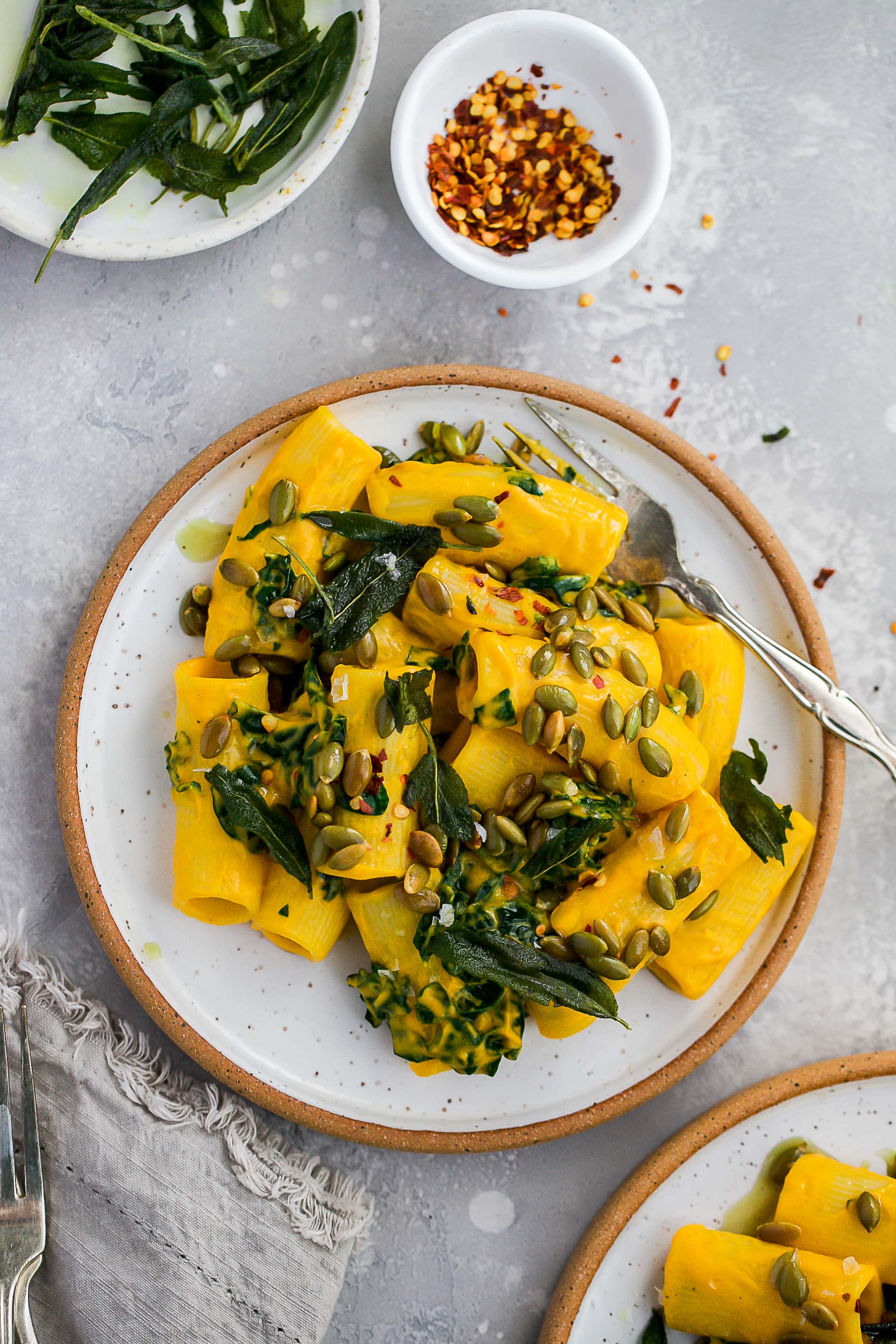 vegan butternut squash pasta on a plate. 