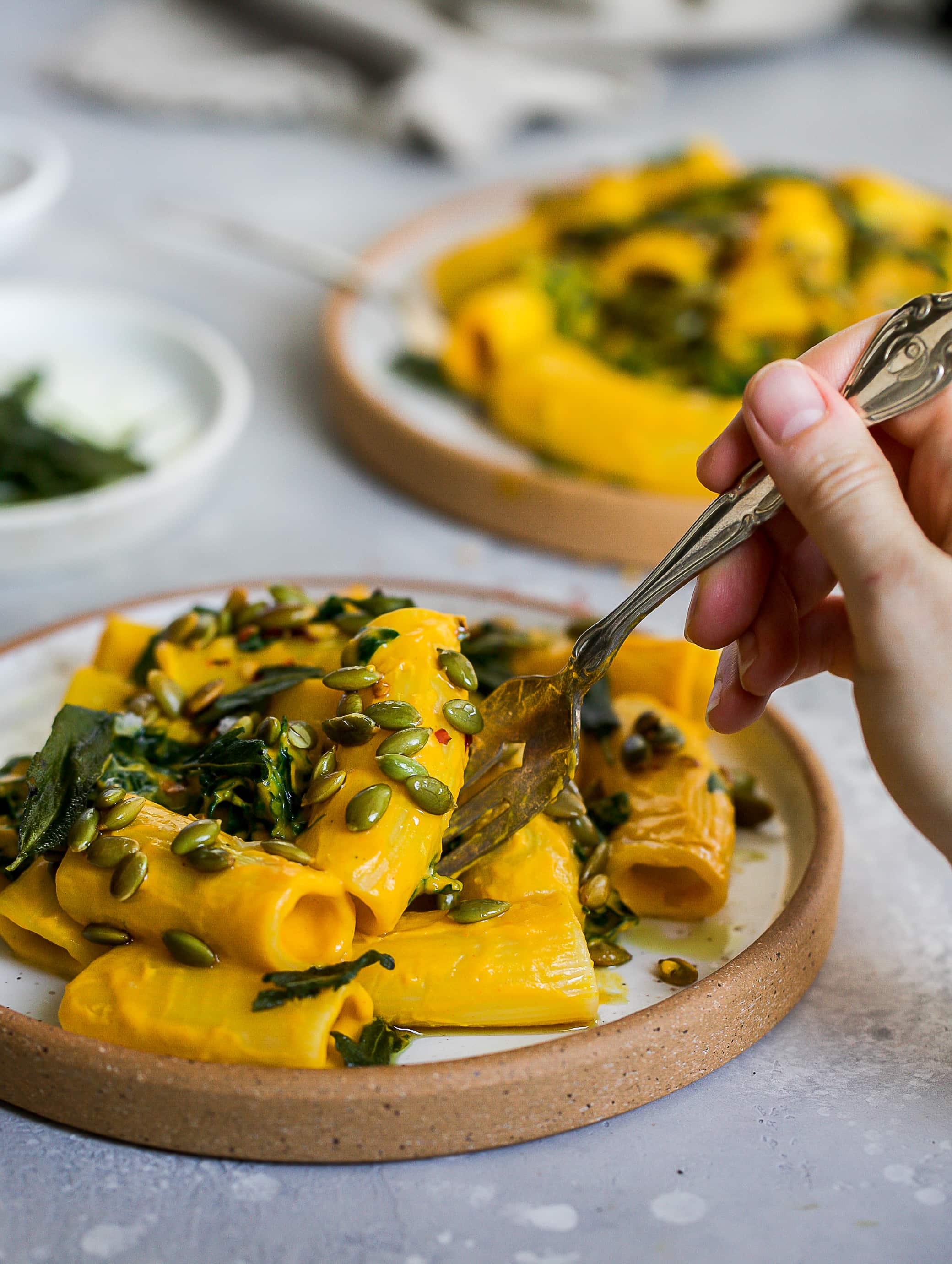 vegan butternut squash pasta on a plate. 