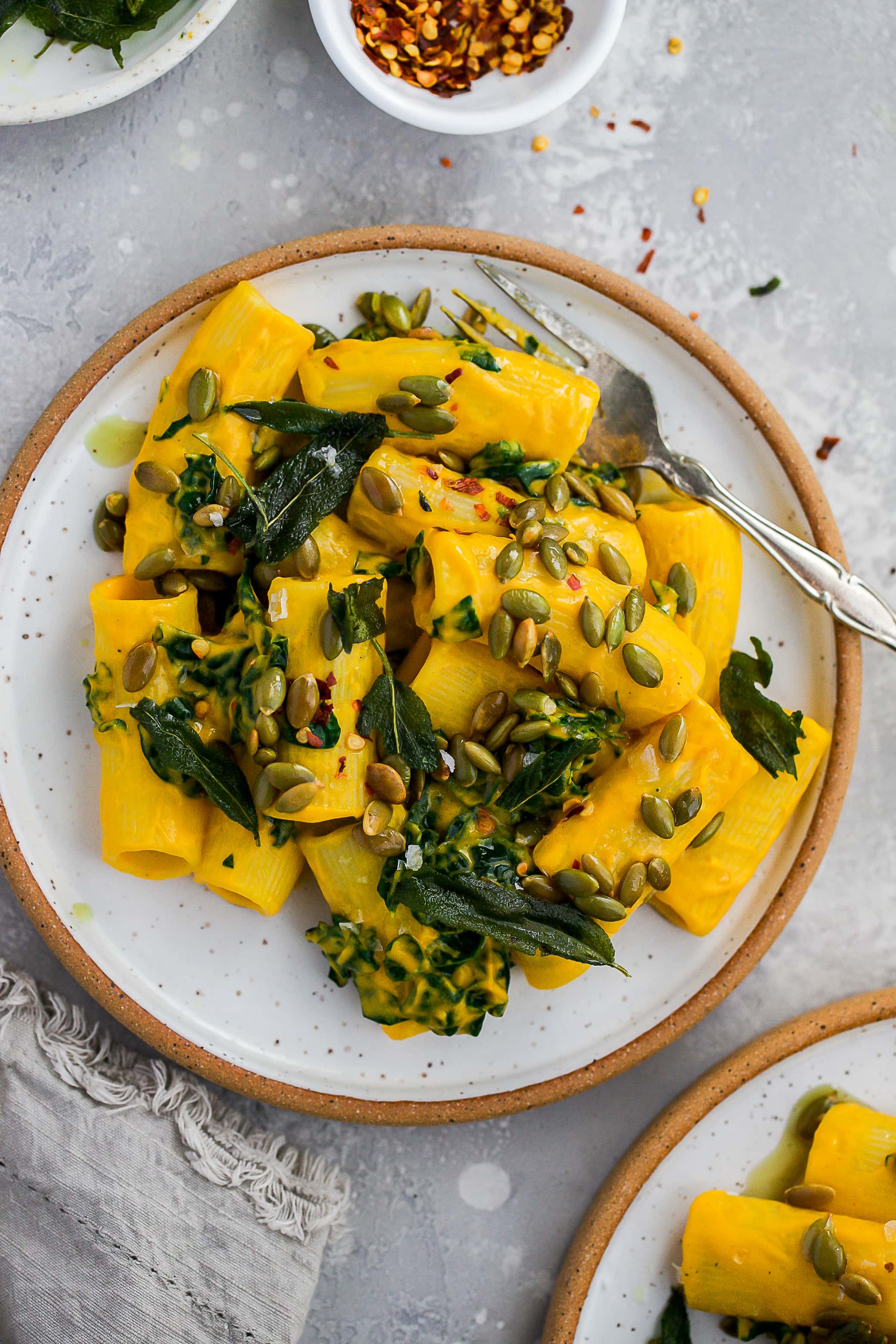 vegan butternut squash pasta on a plate. 