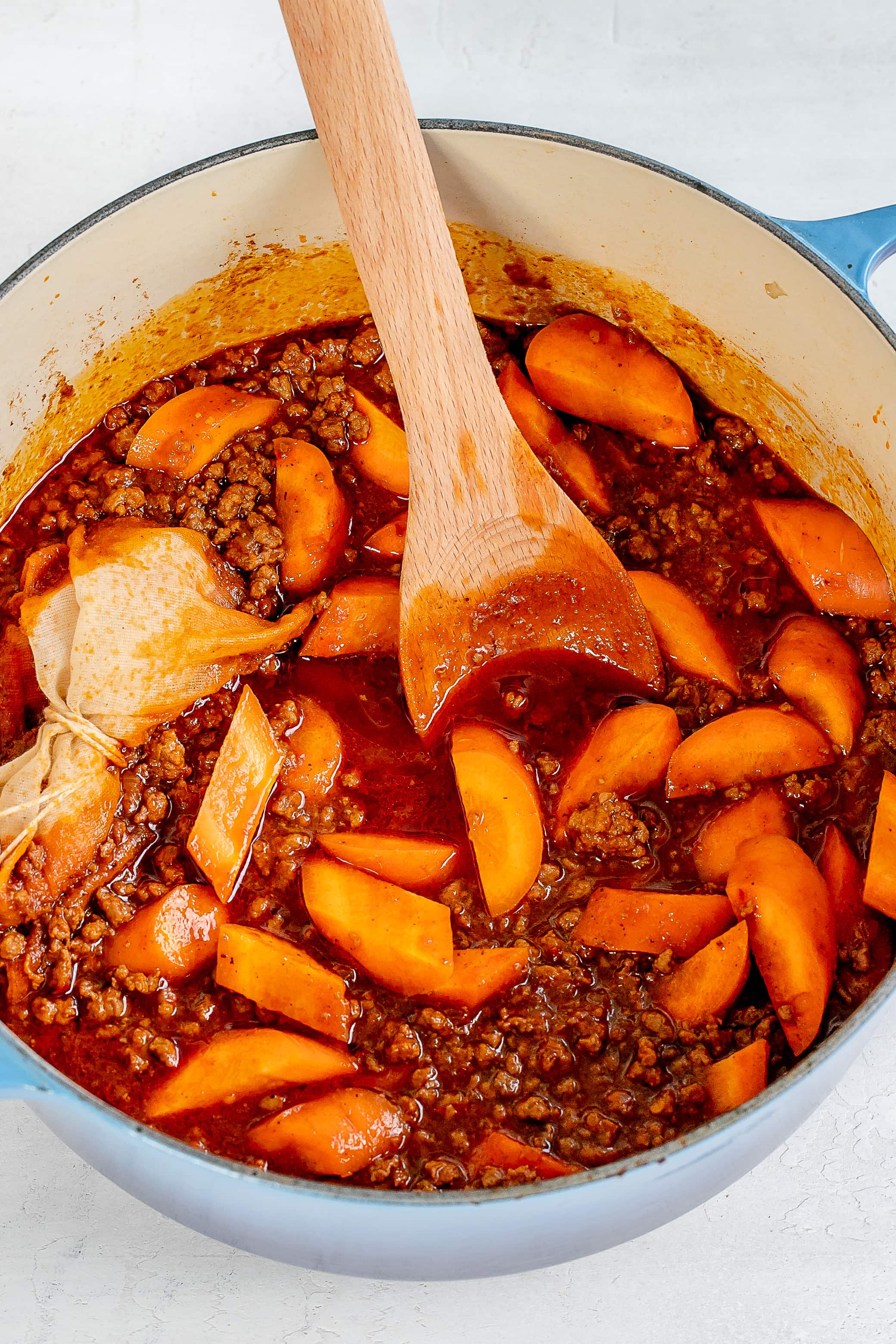 bolognese sauce in dutch oven.