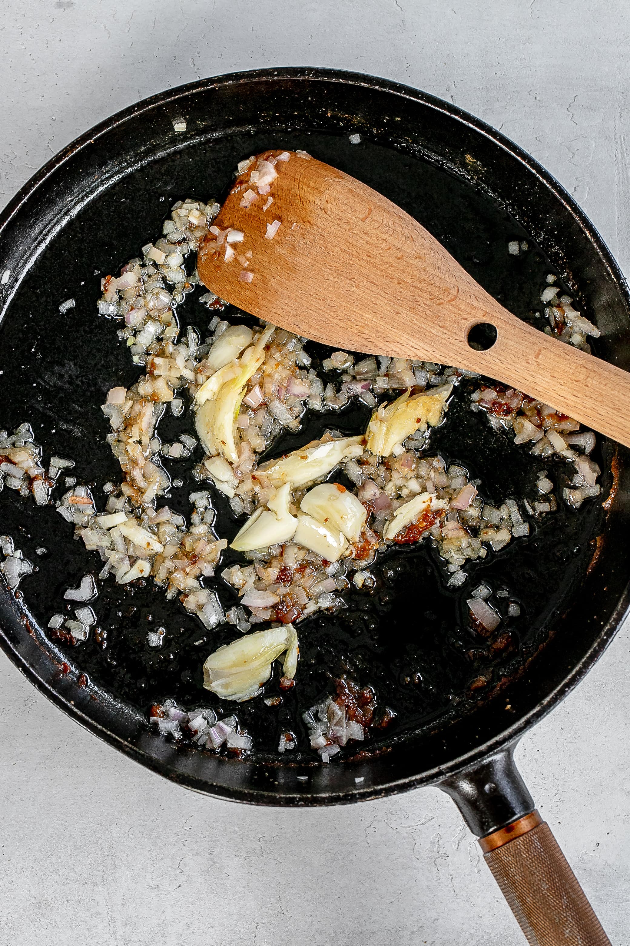 shallot and garlic in skillet.