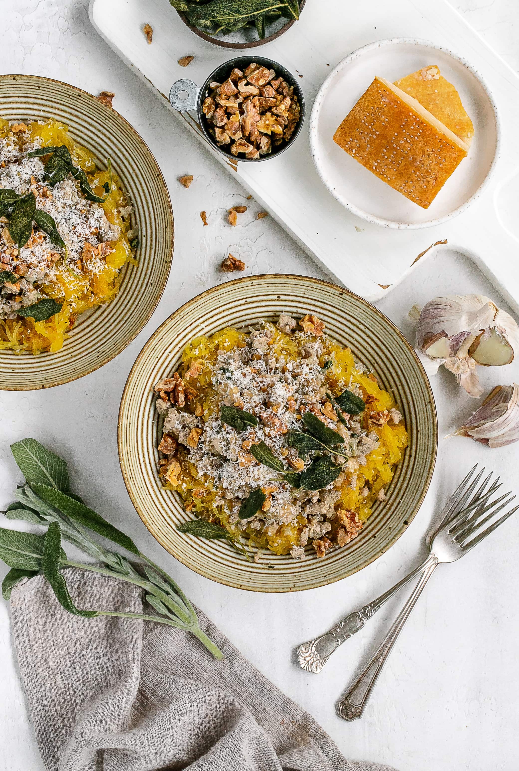 spaghetti squash with ground turkey in bowls. 
