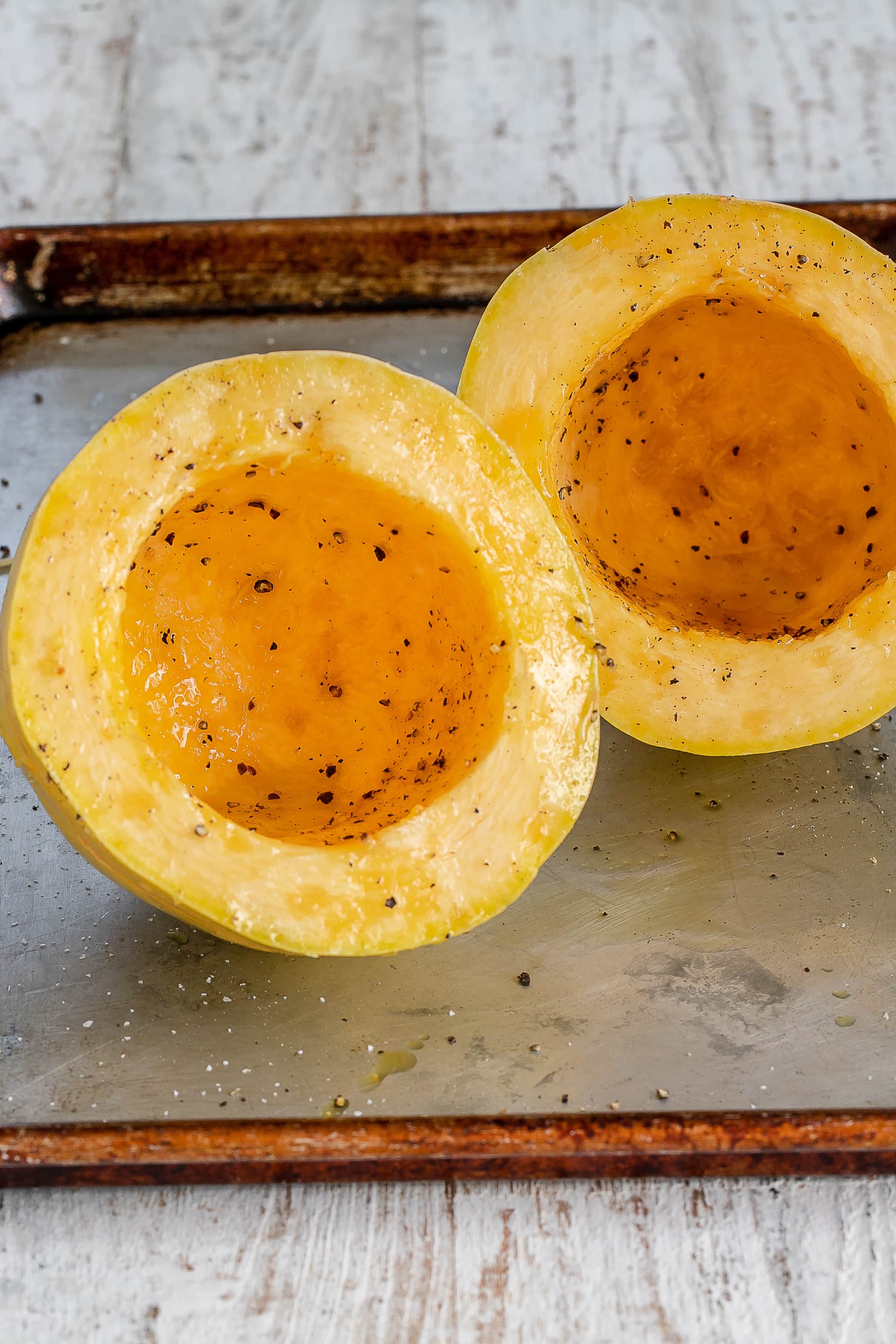 spaghetti squash on sheet pan.