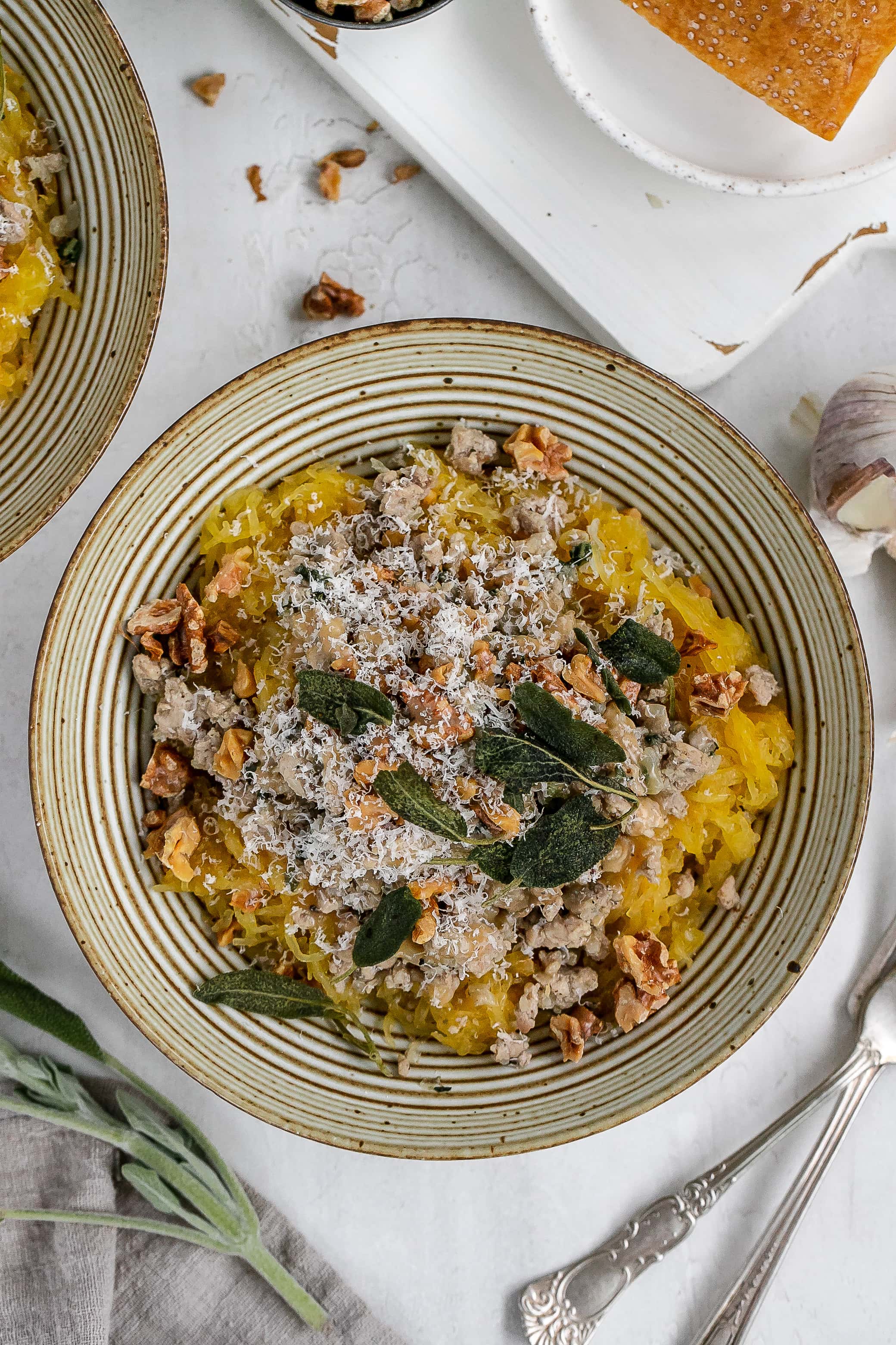 spaghetti squash with ground turkey in bowls. 