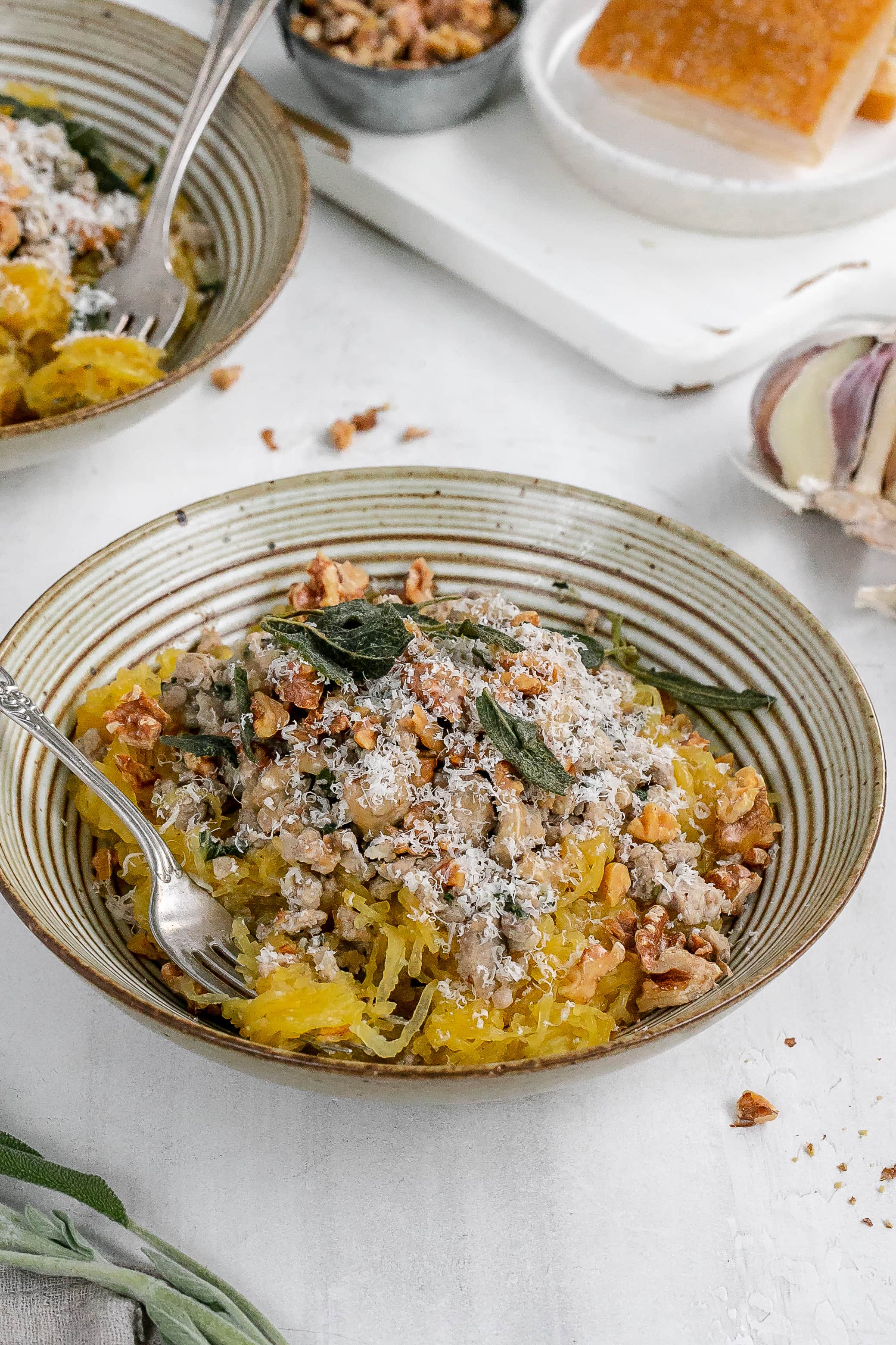 spaghetti squash with ground turkey in bowls. 