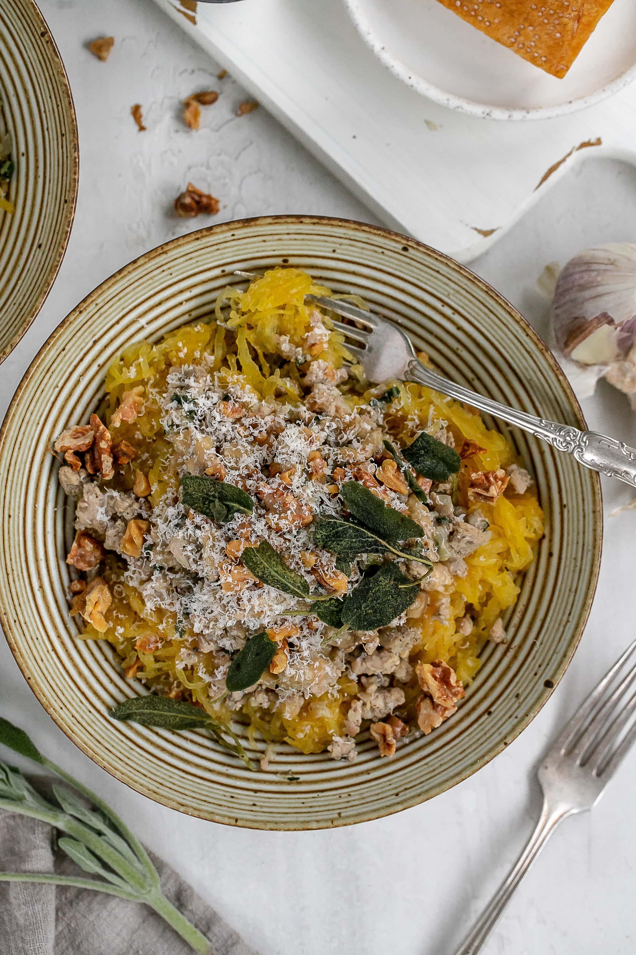 spaghetti squash with ground turkey in bowls. 