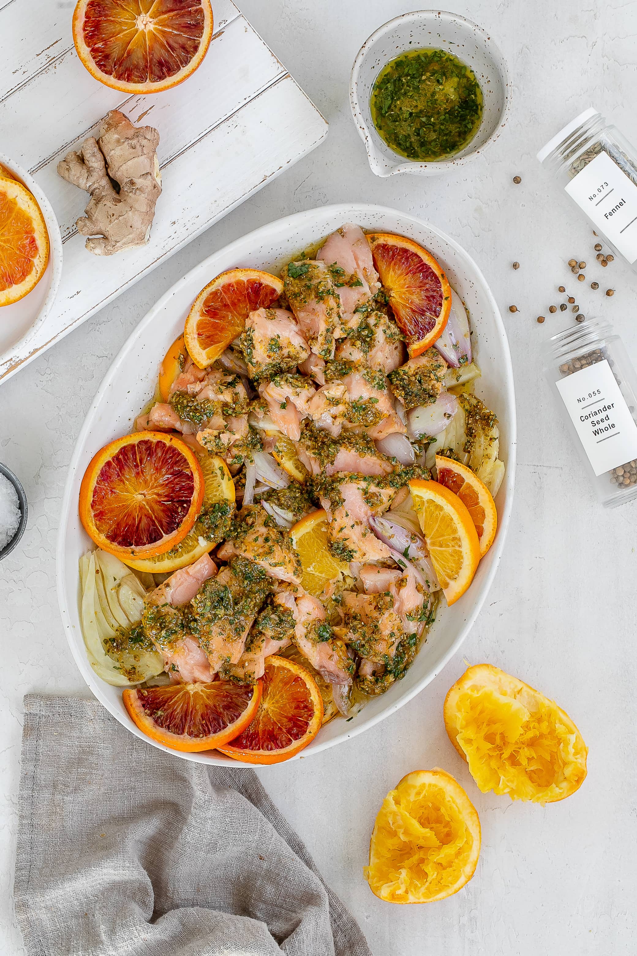 salmon with citrus on a platter with fennel.