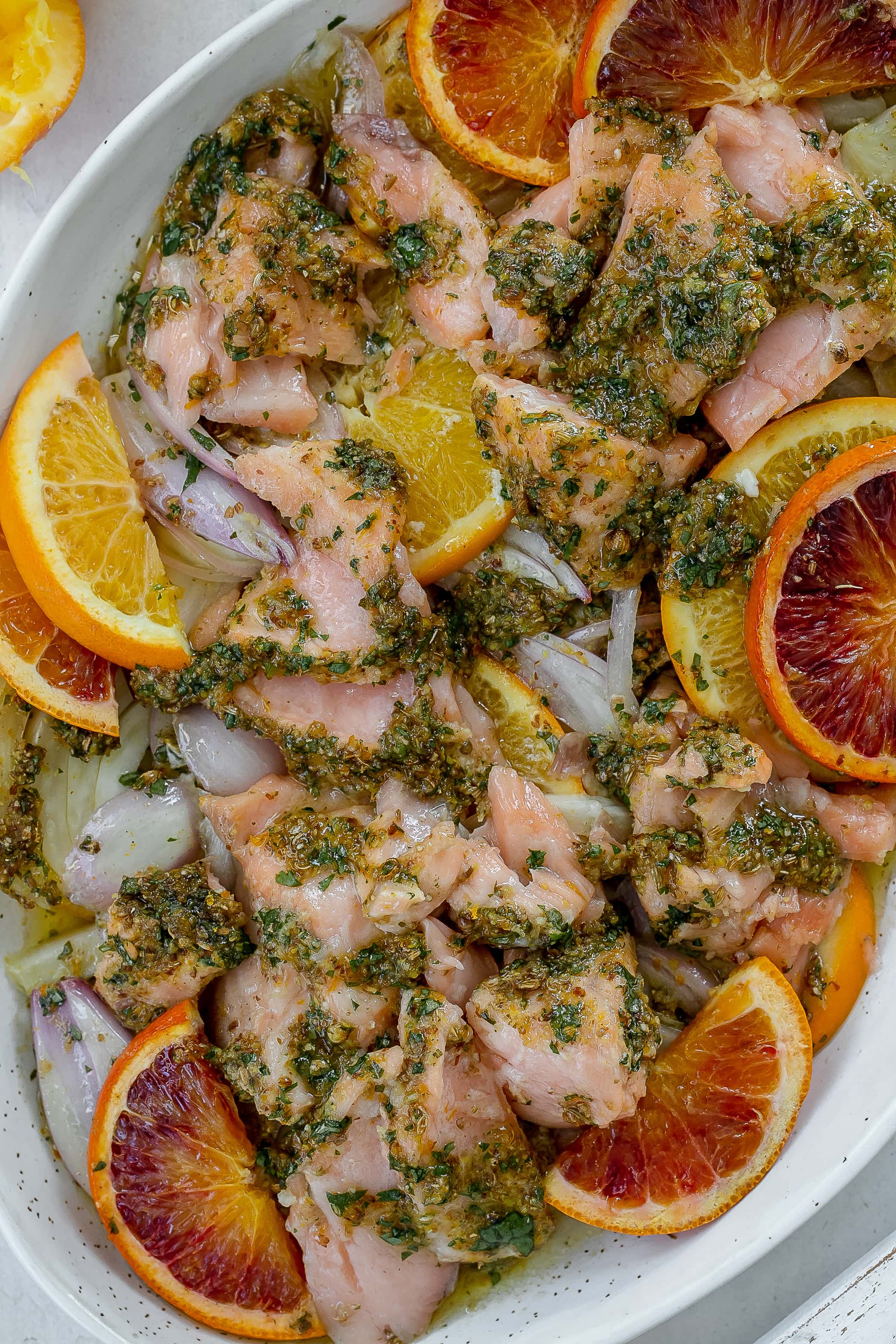 salmon with citrus on a platter with fennel.
