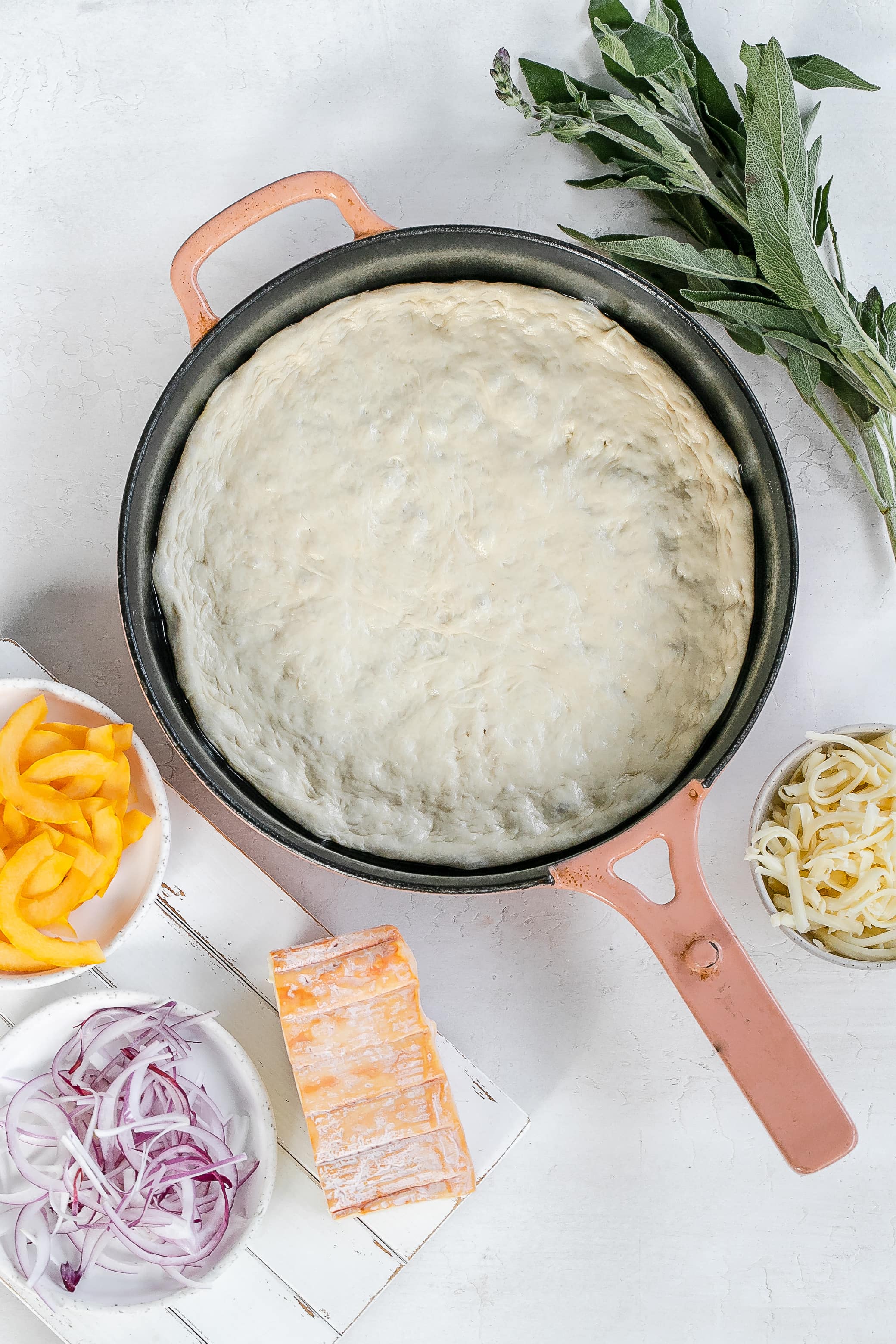 pizza dough in cast iron skillet. 