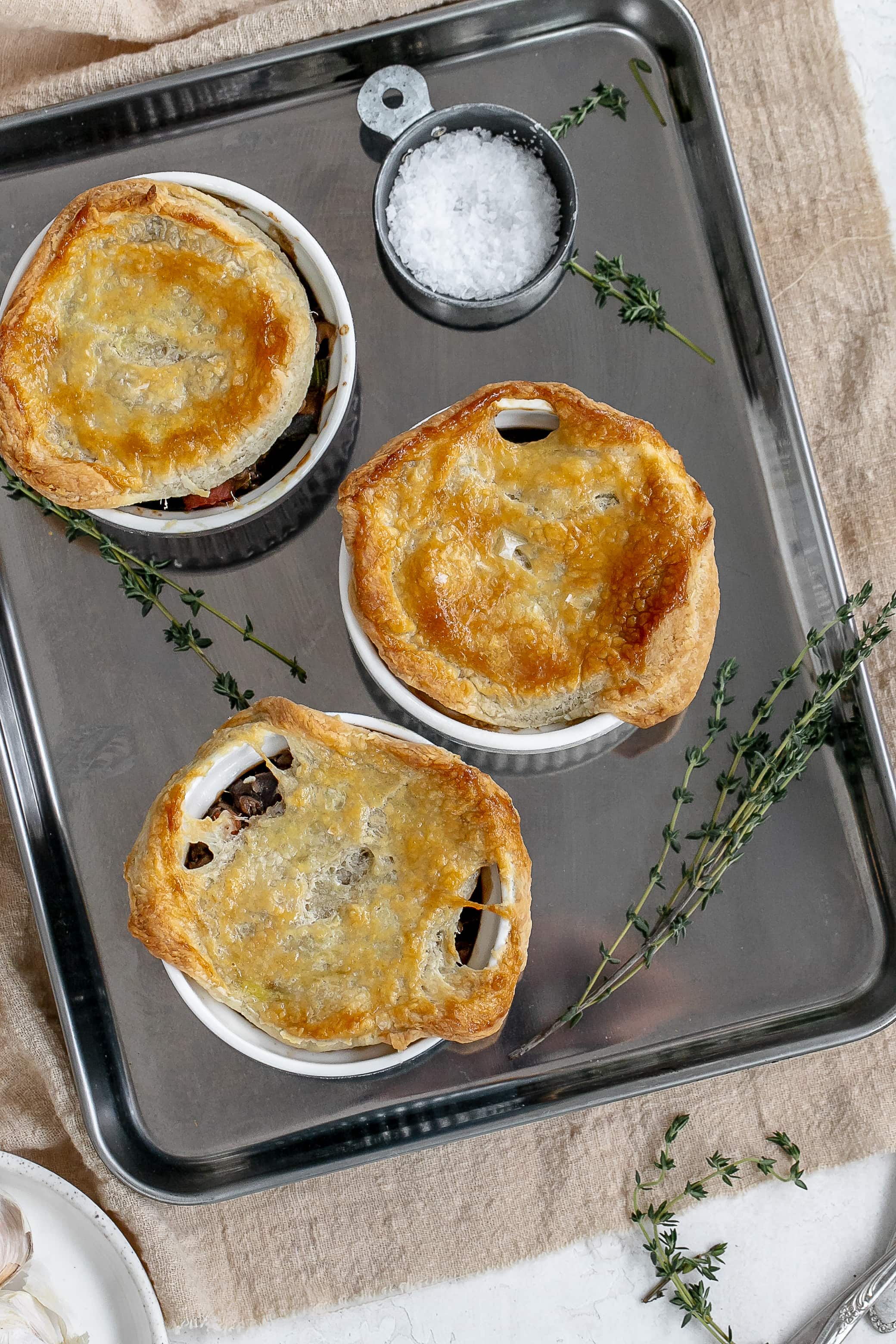 mushroom and lentil pot pie in ramekins.