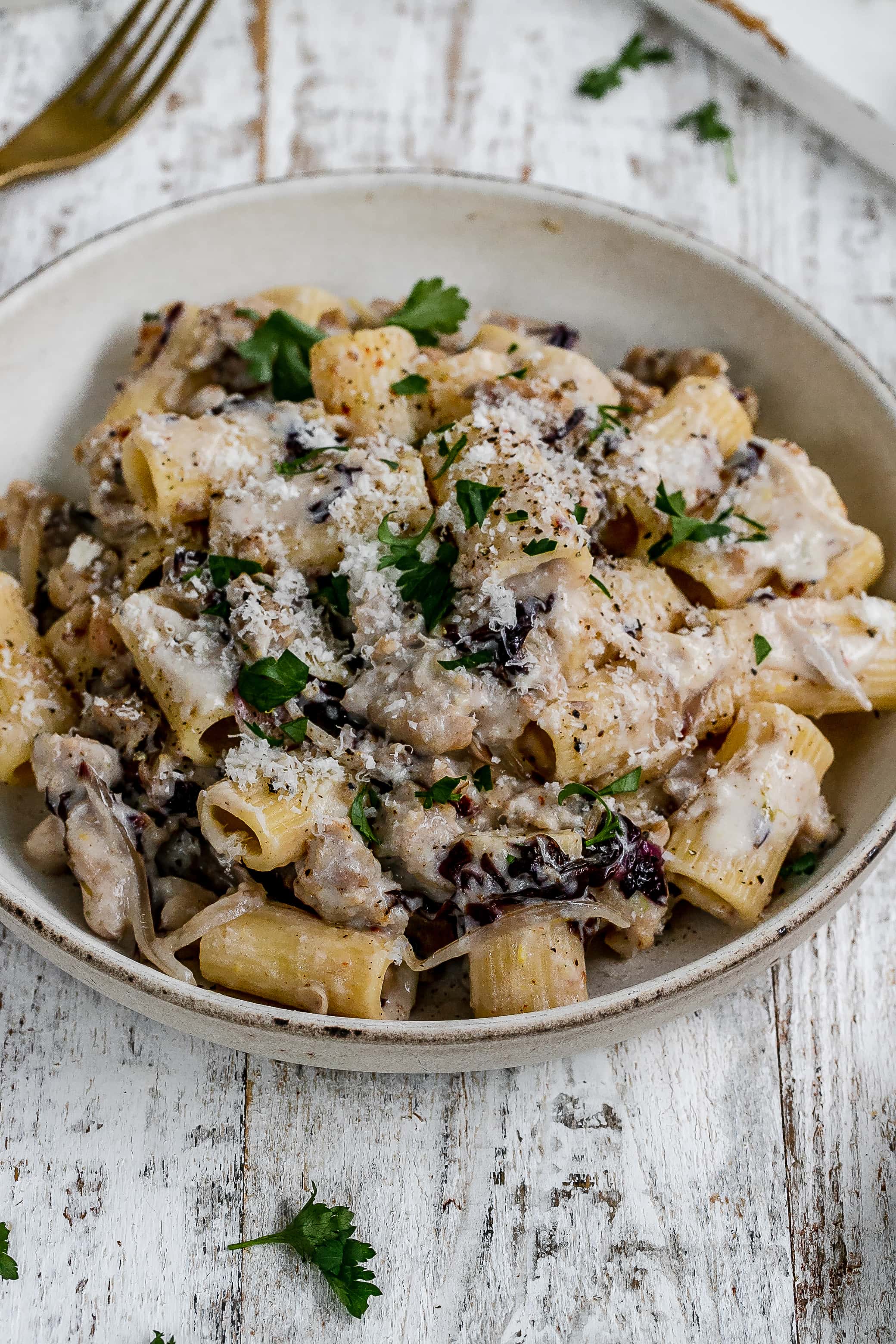 pasta with sausage and ricotta cheese in a pasta bowl.
